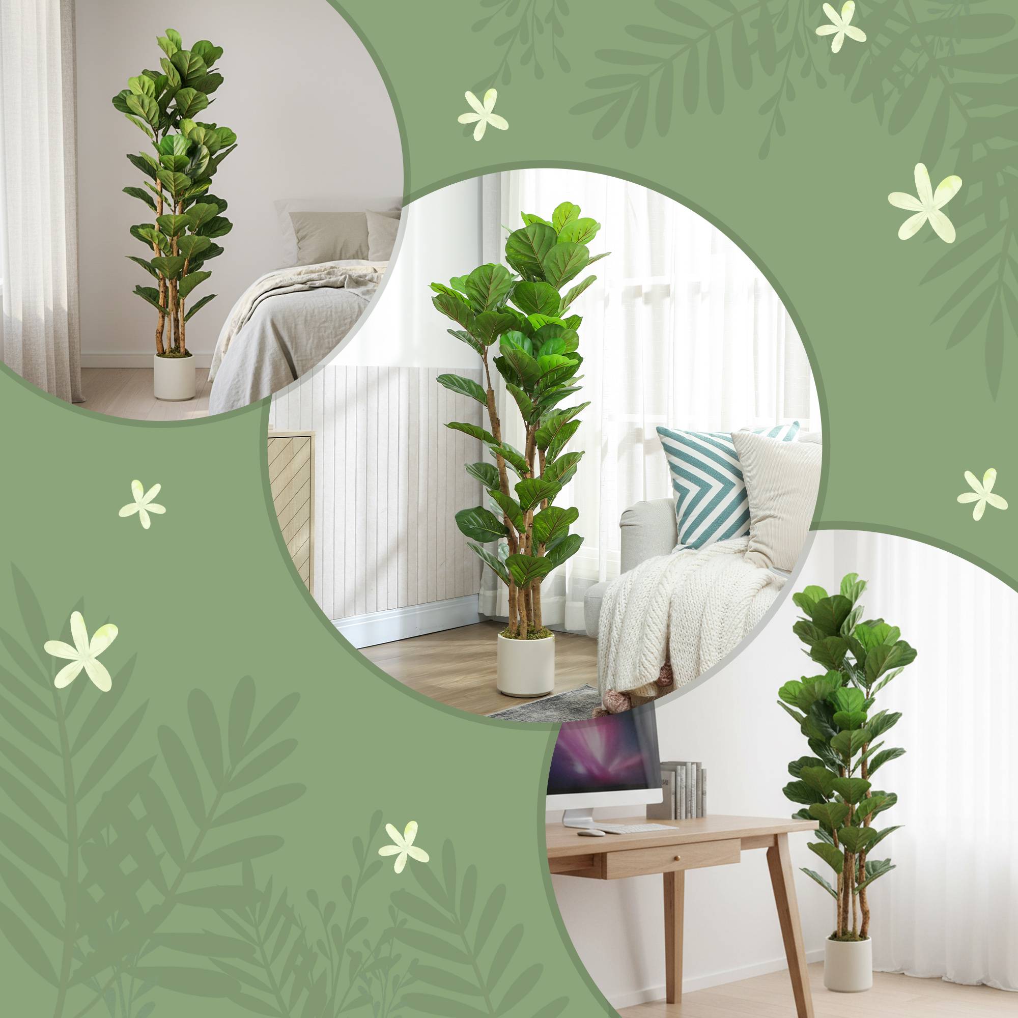 Plante artificielle intérieure 150 cm Figuier lyre arbre artificiel avec pot en plastique et tronc en bois massif - Image 9