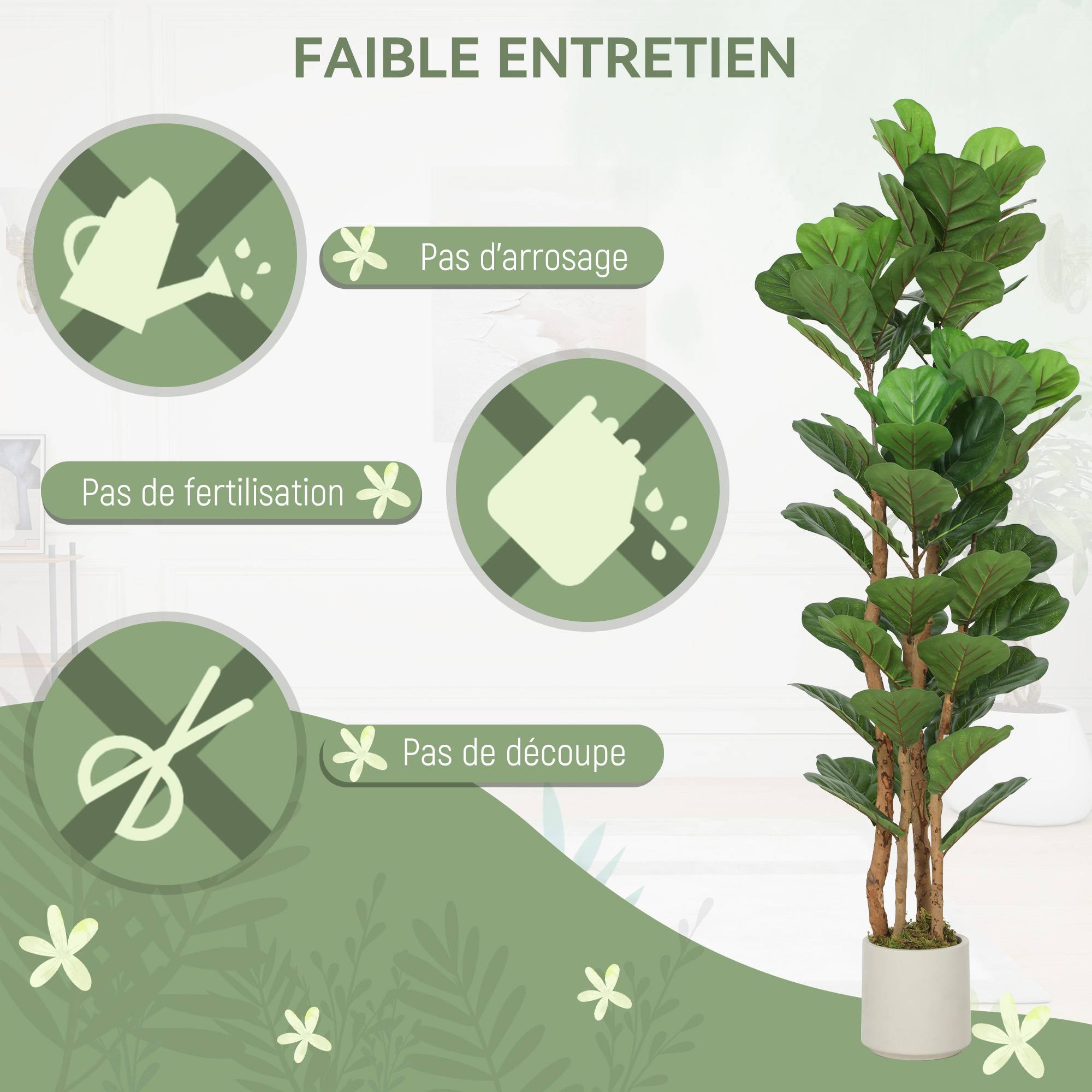 Plante artificielle intérieure 150 cm Figuier lyre arbre artificiel avec pot en plastique et tronc en bois massif - Image 7
