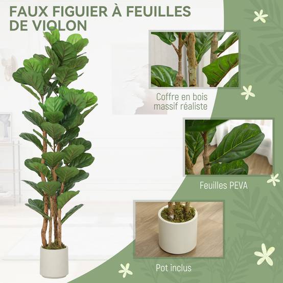 Plante artificielle intérieure 150 cm Figuier lyre arbre artificiel avec pot en plastique et tronc en bois massif - Image 6