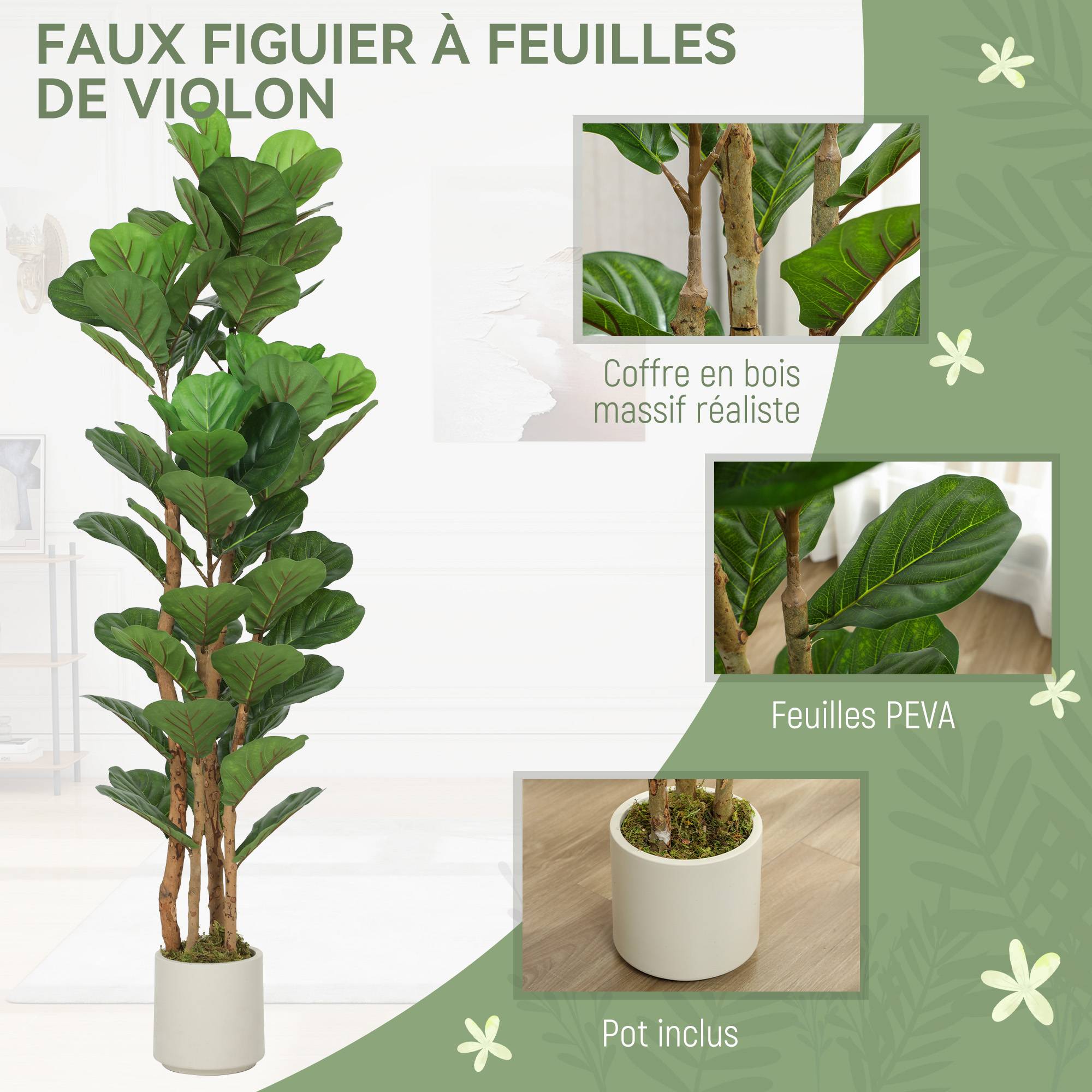 Plante artificielle intérieure 150 cm Figuier lyre arbre artificiel avec pot en plastique et tronc en bois massif - Image 6