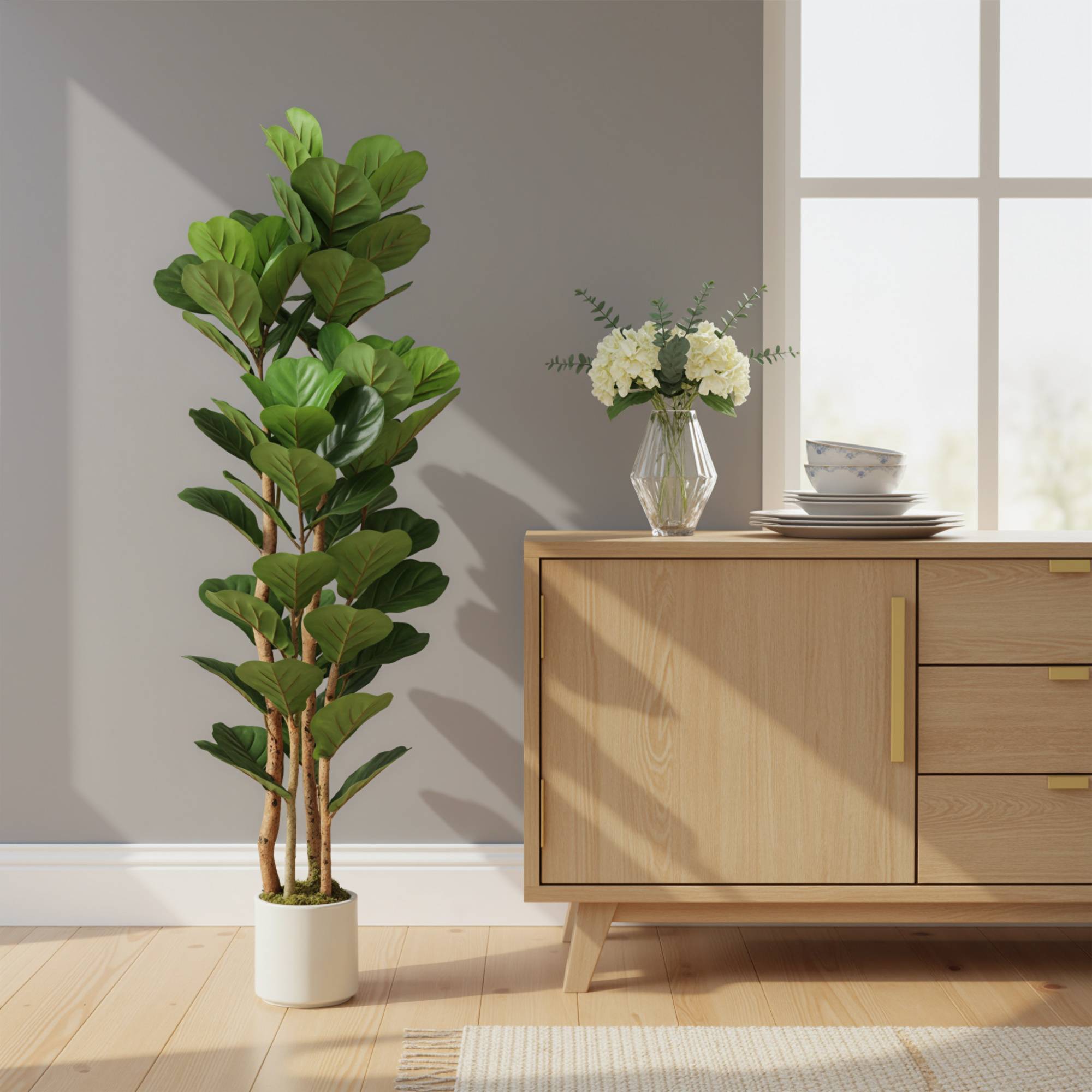 Plante artificielle intérieure 150 cm Figuier lyre arbre artificiel avec pot en plastique et tronc en bois massif - Image 10