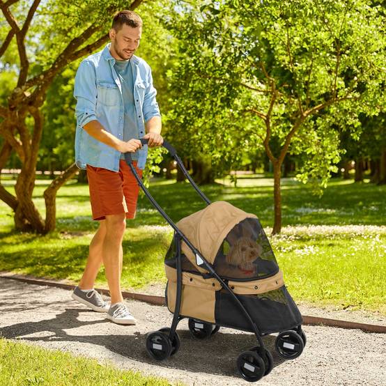 Poussette pliable pour petit chien avec fenêtres en filet, coussin lavable, sangles de sécurité et cadre en acier, couleur café - Image 3