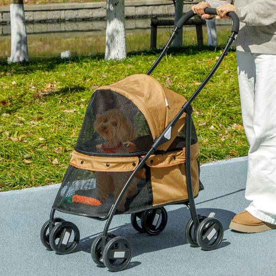 Poussette pliable pour petit chien avec fenêtres en filet, coussin lavable, sangles de sécurité et cadre en acier, couleur café - Image 4