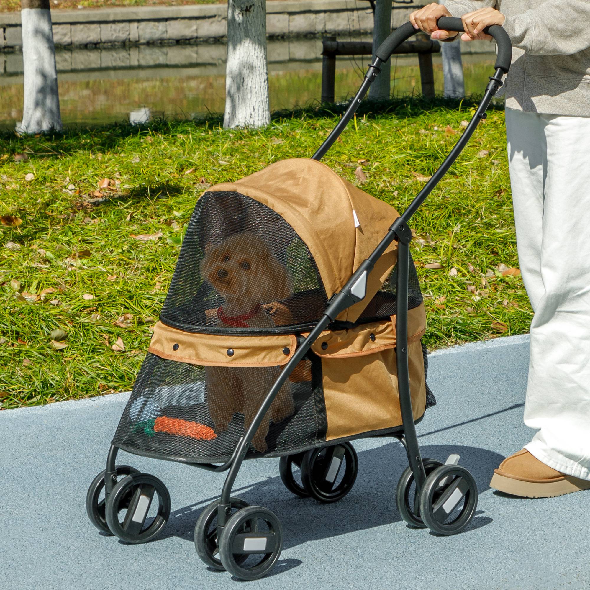 Poussette pliable pour petit chien avec fenêtres en filet, coussin lavable, sangles de sécurité et cadre en acier, couleur café - Image 4