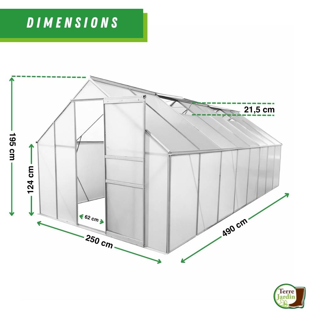 Serre de jardin 12,25 m² en aluminium avec parois polycarbonate et double porte – Terre Jardin - Image 2