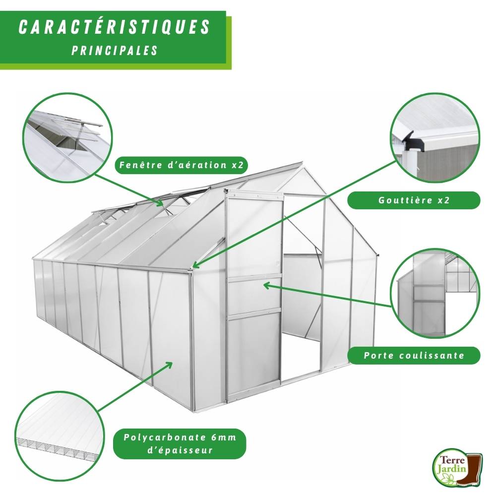 Serre de jardin 12,25 m² en aluminium avec parois polycarbonate et double porte – Terre Jardin - Image 3