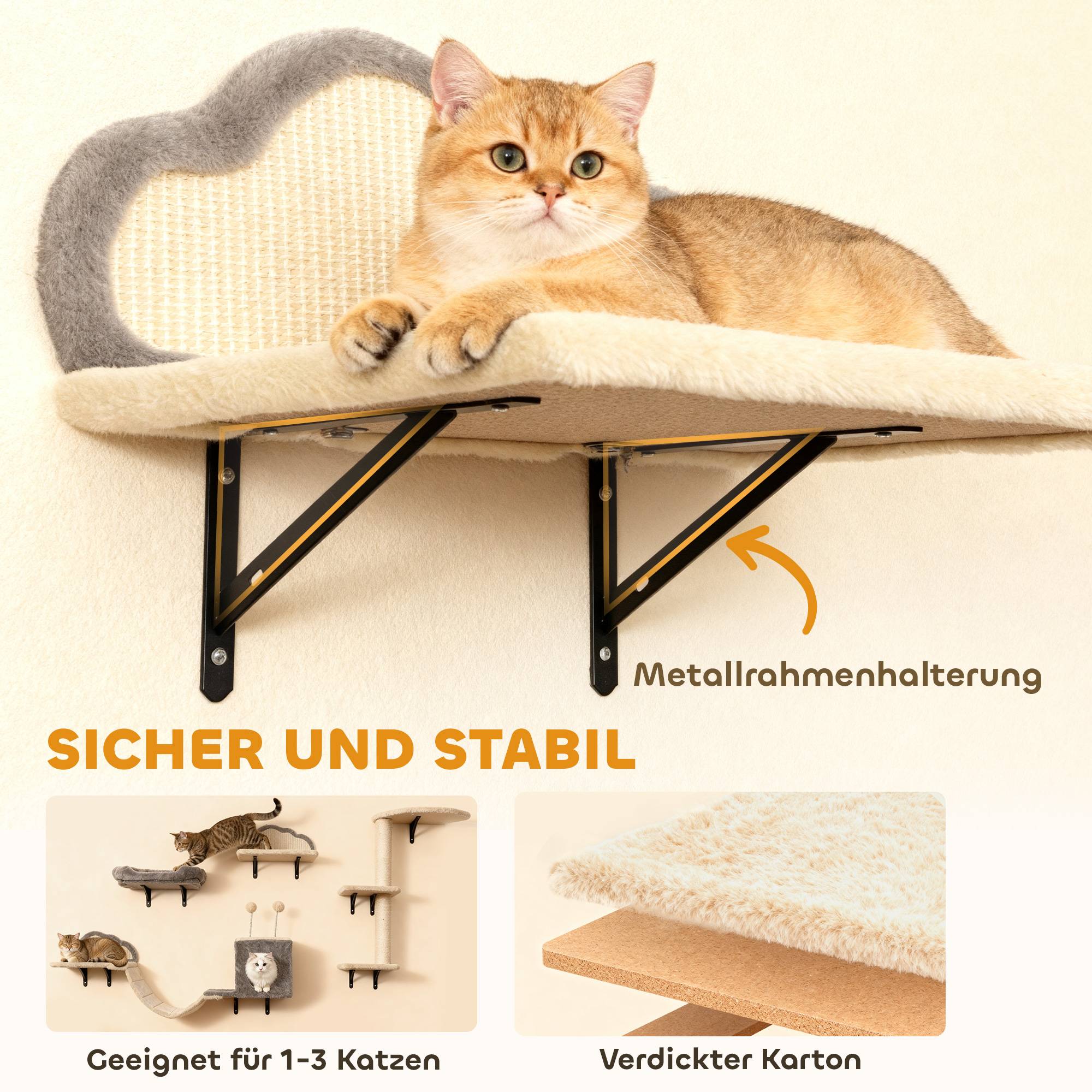 Sans Marque - Arbre à chat mural, surfaces à griffer en sisal, ensemble de 4 pièces, pour 1 à 3 chats, beige - Image 6