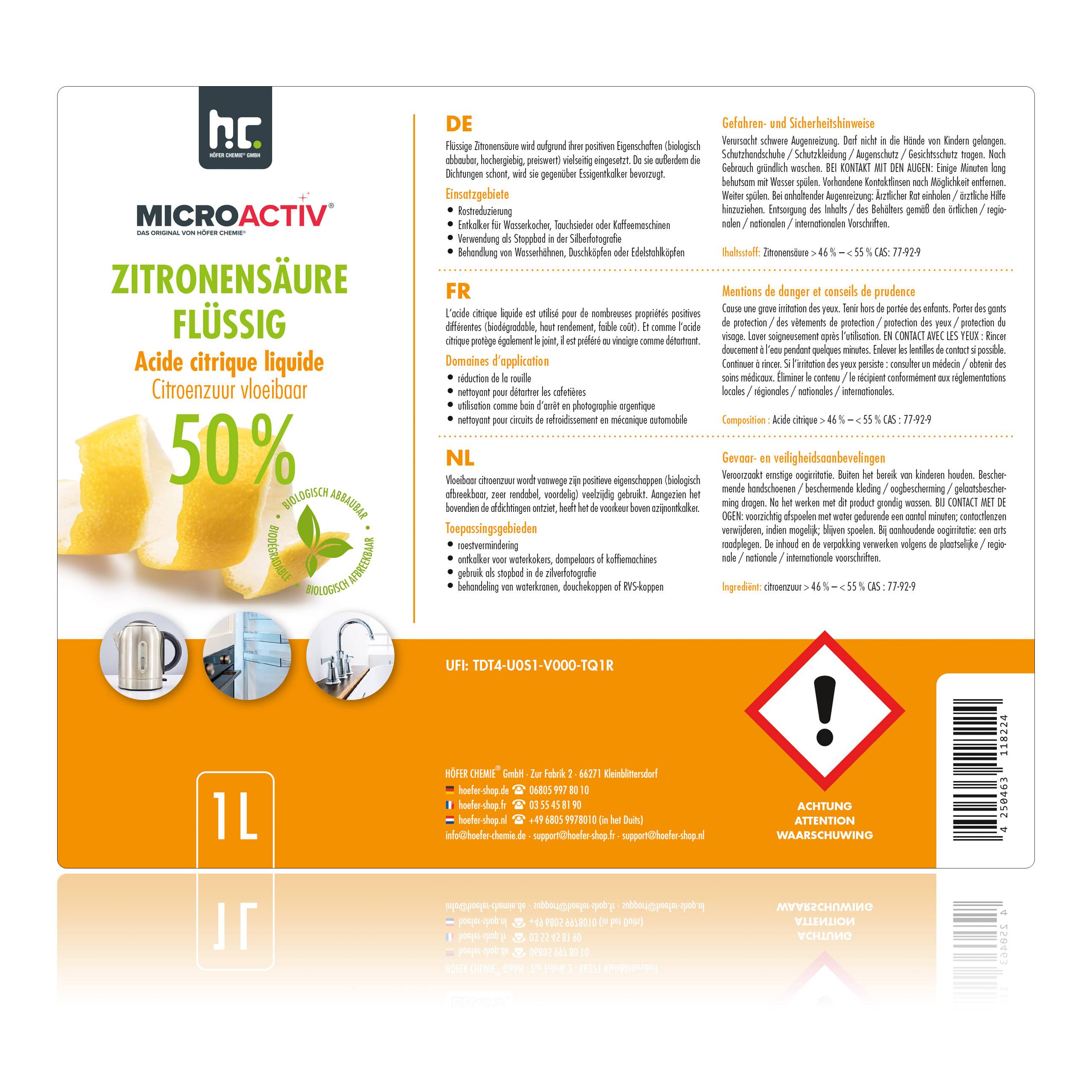 Acide Citrique Liquide 50% MICROACTIV® détartrant en bouteille de 1 L x 12 - Image 5