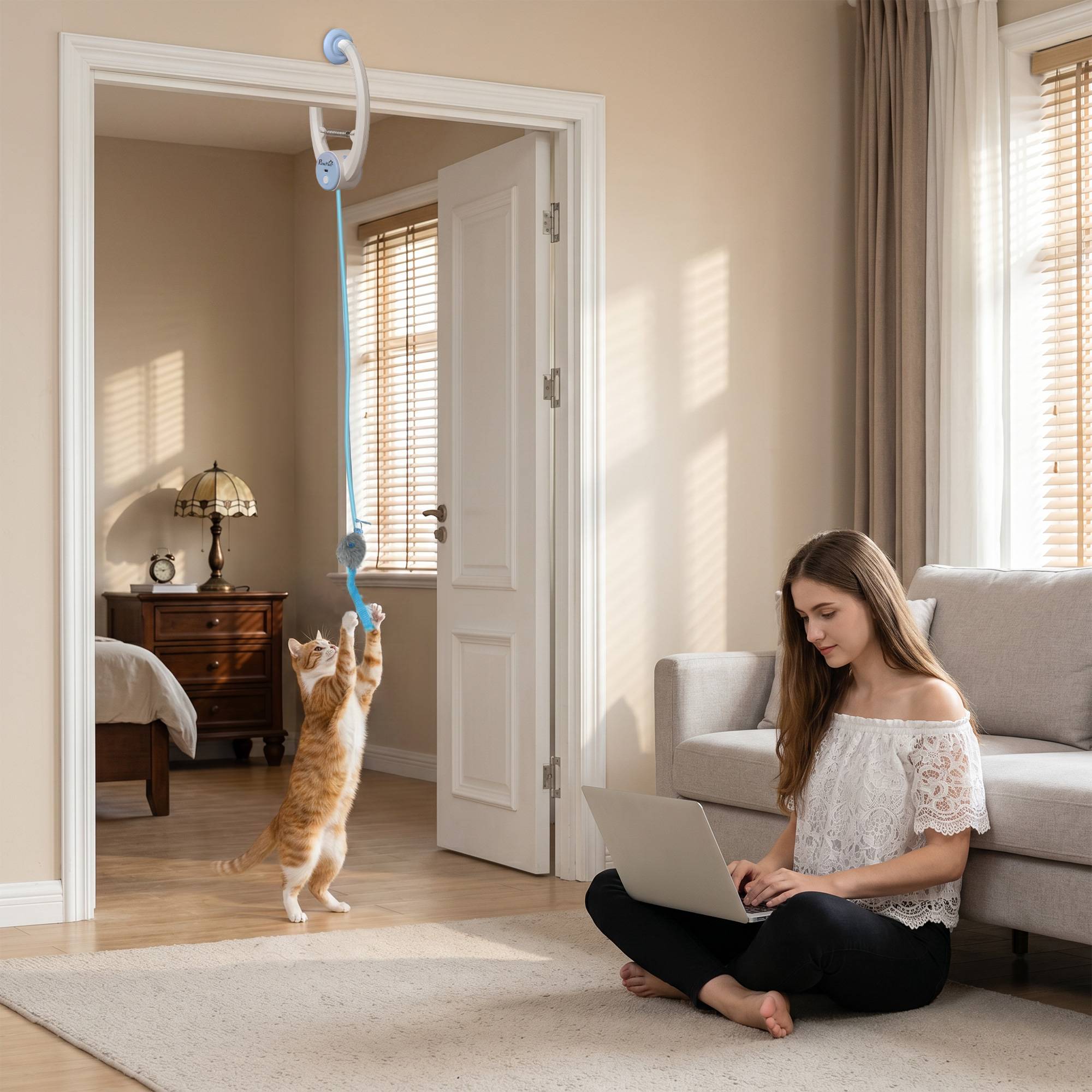 ComfortXL - Jouet interactif pour chat ABS blanc 24,1 x 13,8 x 6,6 cm à suspendre avec souris rebondissante rechargeable USB-C - Image 1