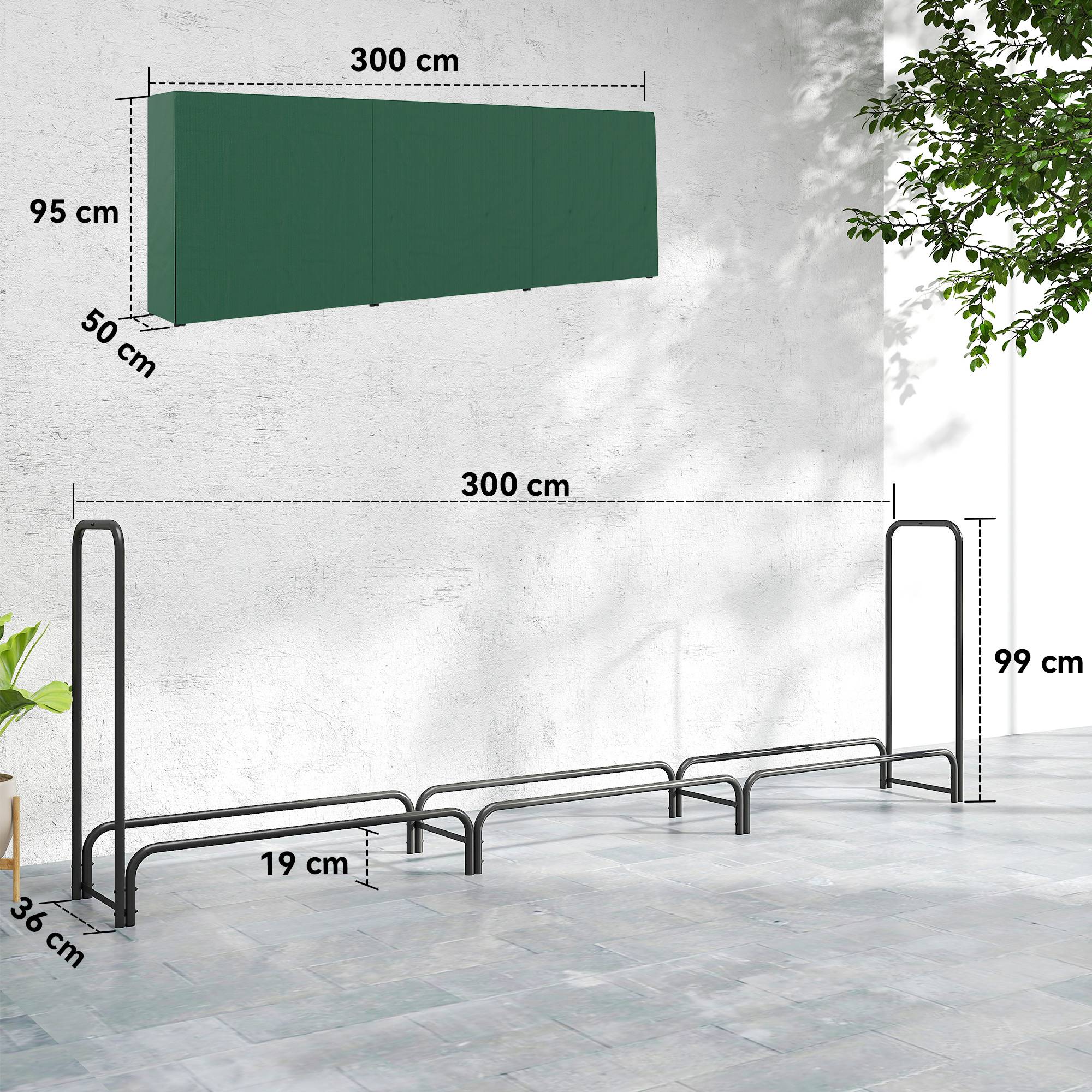 Râtelier à bûches réglable de 1 m³ avec bâche imperméable en PE, structure métallique, 300 x 36 x 99 cm, noir et vert foncé - Image 5