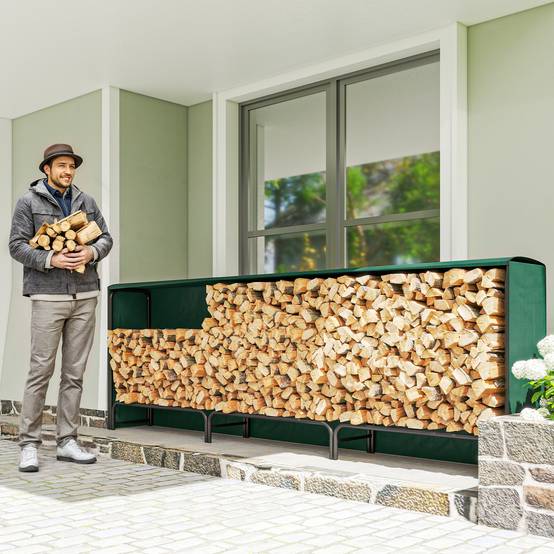 Râtelier à bûches réglable de 1 m³ avec bâche imperméable en PE, structure métallique, 300 x 36 x 99 cm, noir et vert foncé - Image 3