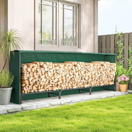 Râtelier à bûches réglable de 1 m³ avec bâche imperméable en PE, structure métallique, 300 x 36 x 99 cm, noir et vert foncé - Image 4