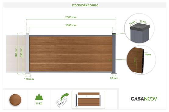 Casanoov Clôture composite Stockhorn 6 m H.90 cm sur plaque finition teck - Image 3
