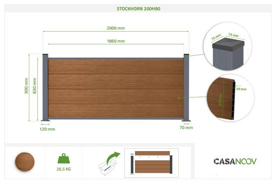 Casanoov Clôture composite Stockhorn 6 m H.90 cm sur plaque finition teck - Image 2