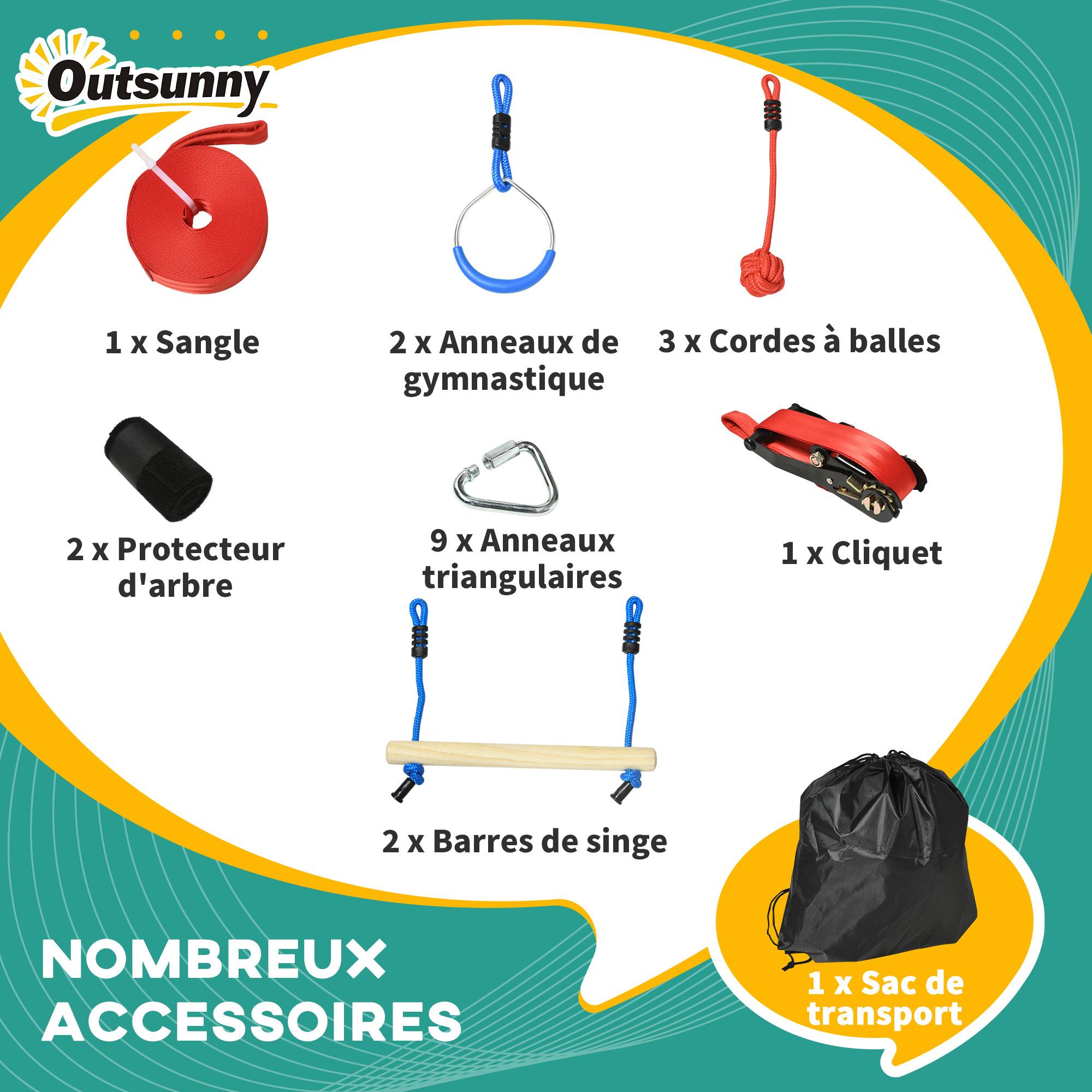 Parcours d'obstacles ninja pour enfants 30 accessoires et sac de transport 10 m de slackline bleu noir rouge - Image 6