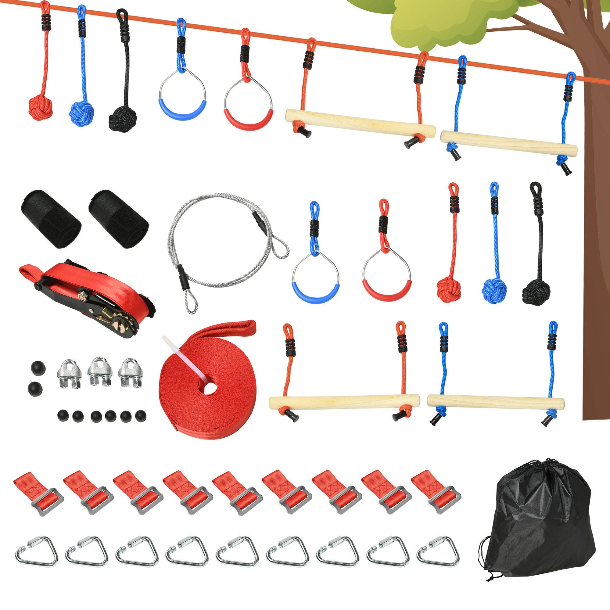 Parcours d'obstacles ninja pour enfants 30 accessoires et sac de transport 10 m de slackline bleu noir rouge - Image 2
