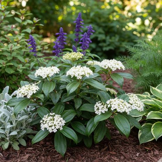 Viorne de David, Viburnum à fleurs Blanche - feuillage Persistant - Pot de 3L - 40/60 cm- hauteur à maturité De 2,50 m à 3,00 m - Image 4