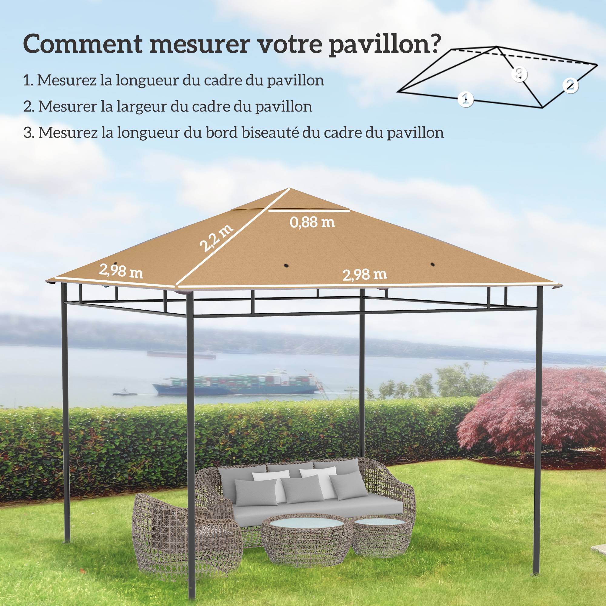Toile de rechange pour pavillon toit de remplacement gazebo tissu polyester haute densité 180 g/m² anti-UV 3 x 3 m beige - Image 5