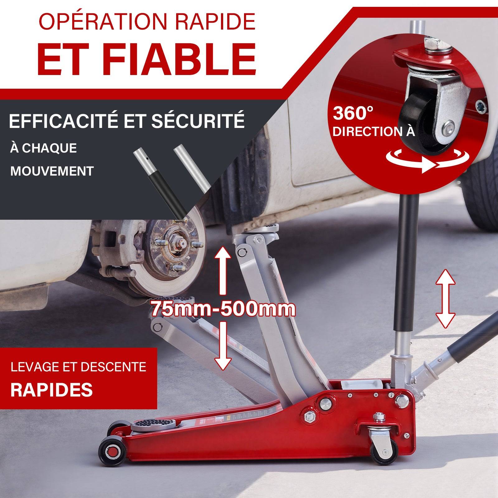 Cric hydraulique 3 tonnes Hauteur de levage 75–500 mm Base à double piston + 2 patins en caoutchouc Roues pivotantes à 360°Support de levage - Image 5