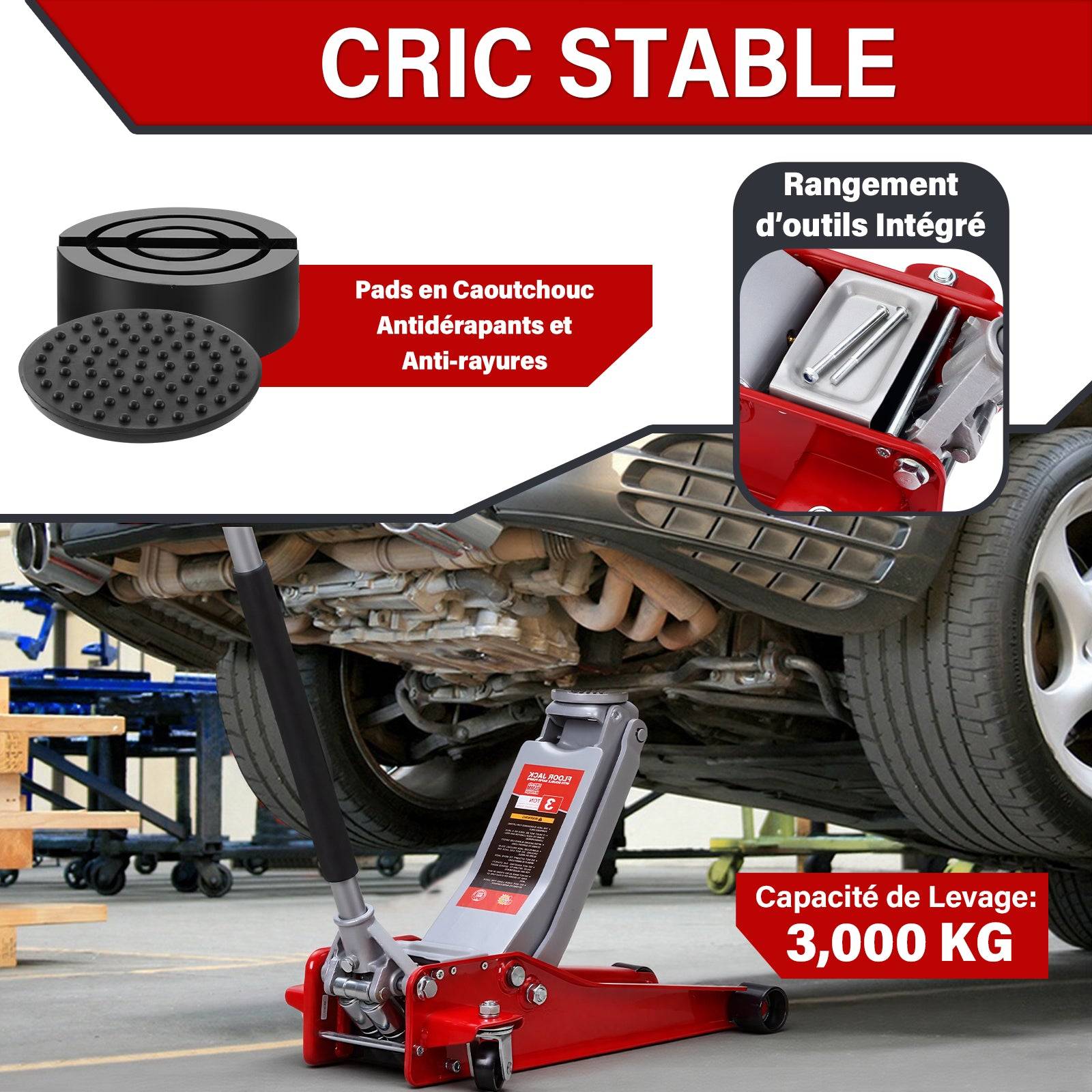 Cric hydraulique 3 tonnes Hauteur de levage 75–500 mm Base à double piston + 2 patins en caoutchouc Roues pivotantes à 360°Support de levage - Image 2