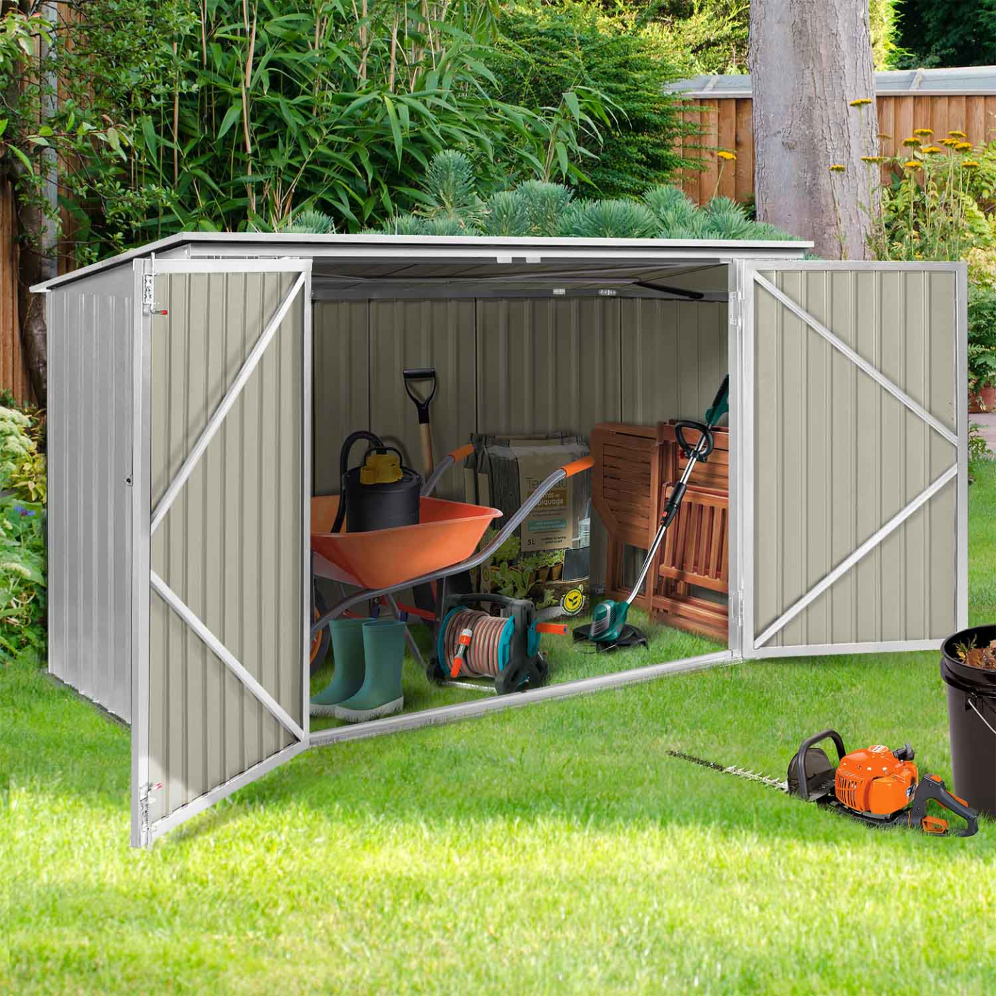 Abri de jardin en métal gris clair verrouillable multi-rangement stockage vélos, outils, poubelles - Image 1