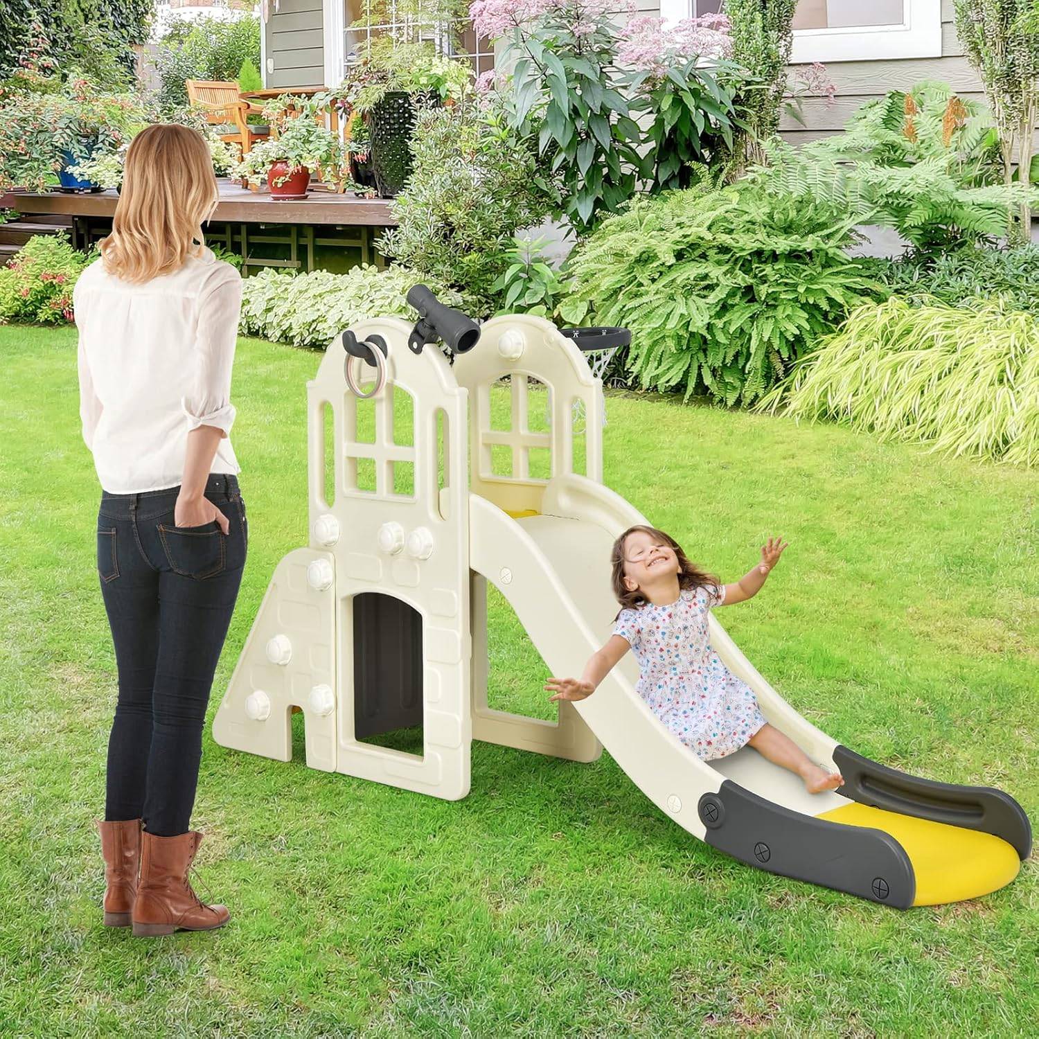 Toboggan 6 en 1 pour Enfant - Glisse de 140 CM,Aire de Jeux Extérieure 3-8 Ans, Jaune - Image 6