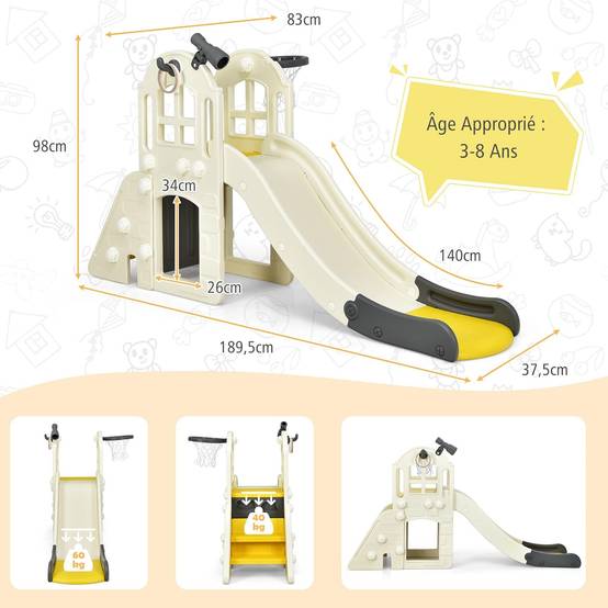 Toboggan 6 en 1 pour Enfant - Glisse de 140 CM,Aire de Jeux Extérieure 3-8 Ans, Jaune - Image 5