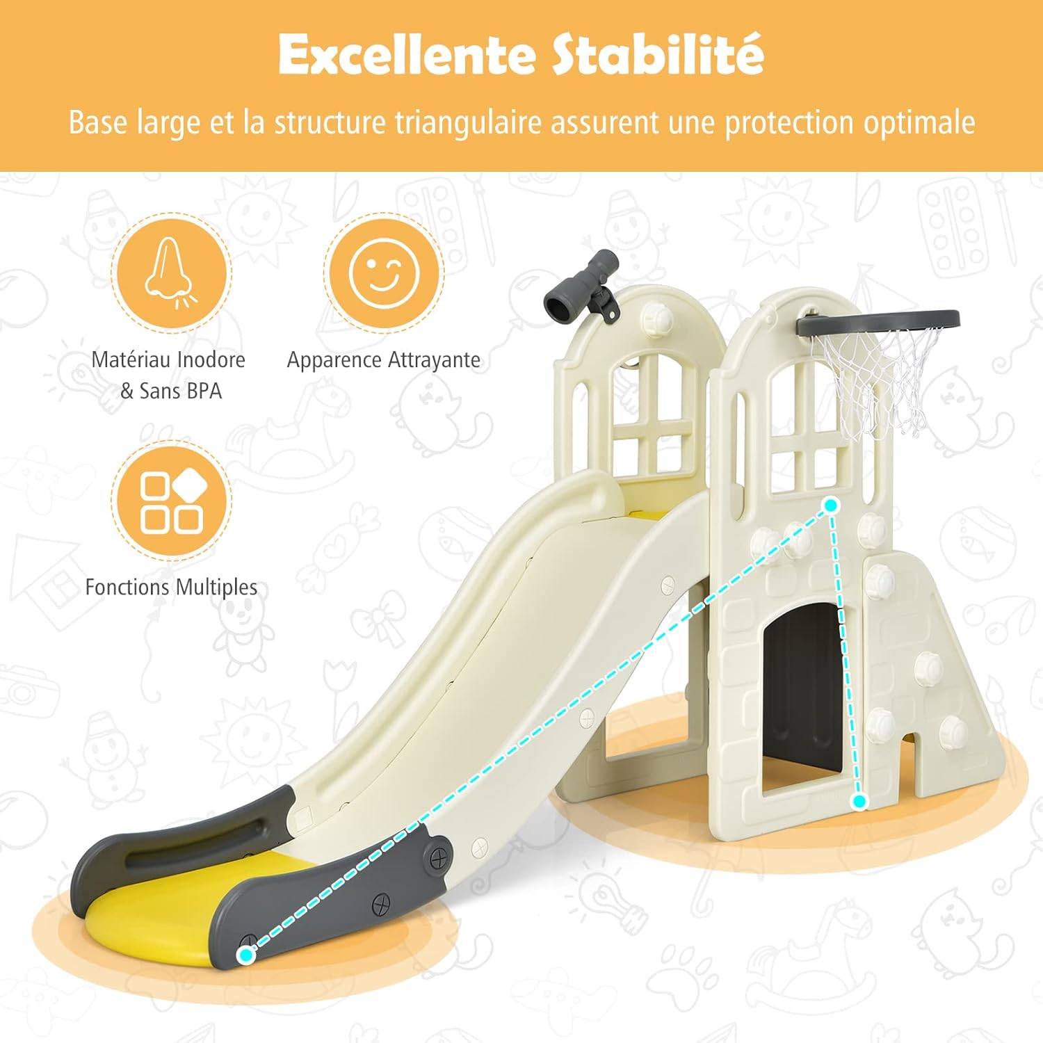 Toboggan 6 en 1 pour Enfant - Glisse de 140 CM,Aire de Jeux Extérieure 3-8 Ans, Jaune - Image 2