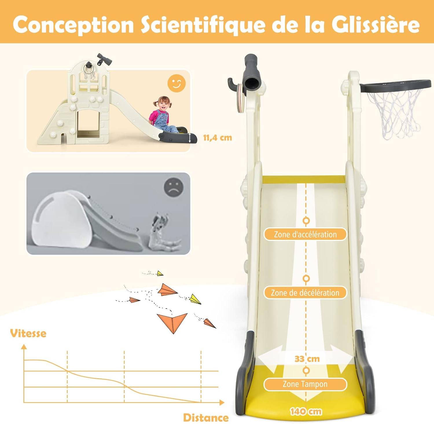 Toboggan 6 en 1 pour Enfant - Glisse de 140 CM,Aire de Jeux Extérieure 3-8 Ans, Jaune - Image 3