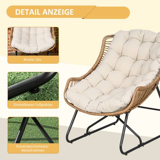 Salon de jardin style rotin avec coussin, cadre métallique, 75x101x90cm, naturel/kaki/noir - Image 6