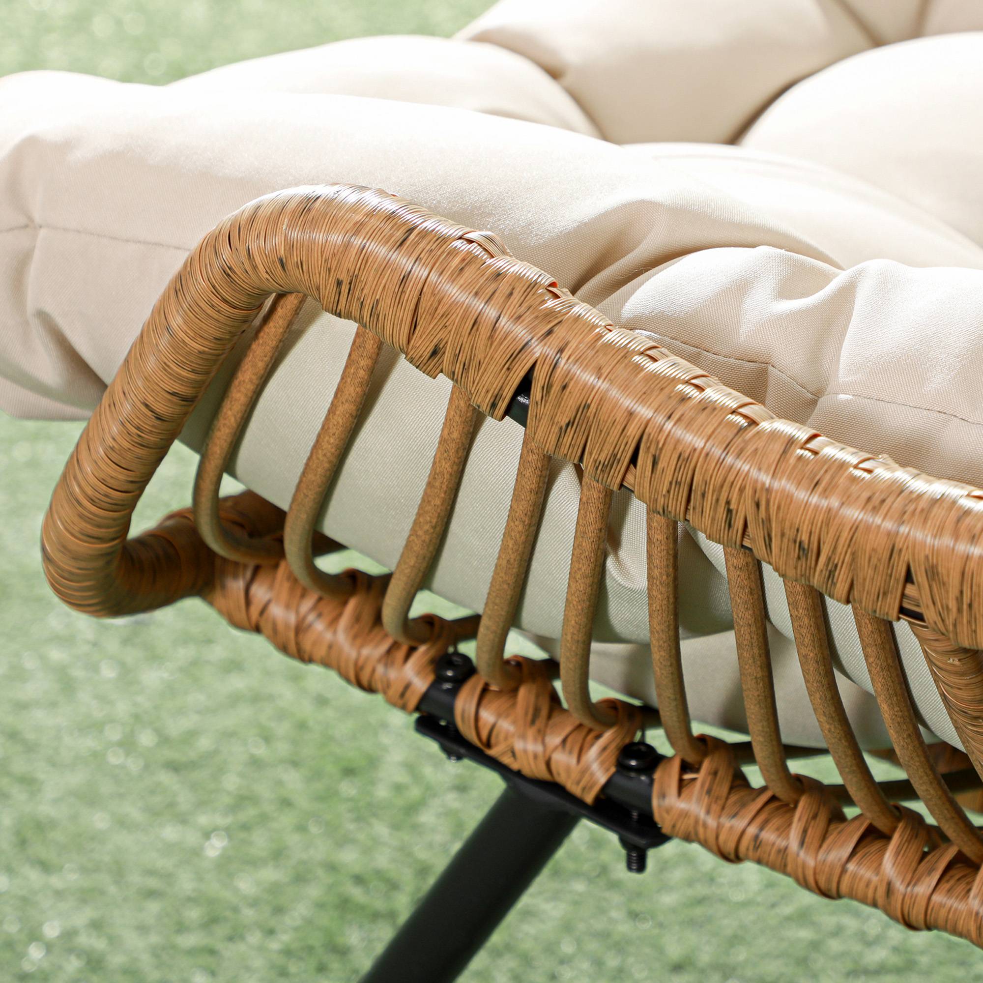 Salon de jardin style rotin avec coussin, cadre métallique, 75x101x90cm, naturel/kaki/noir - Image 8