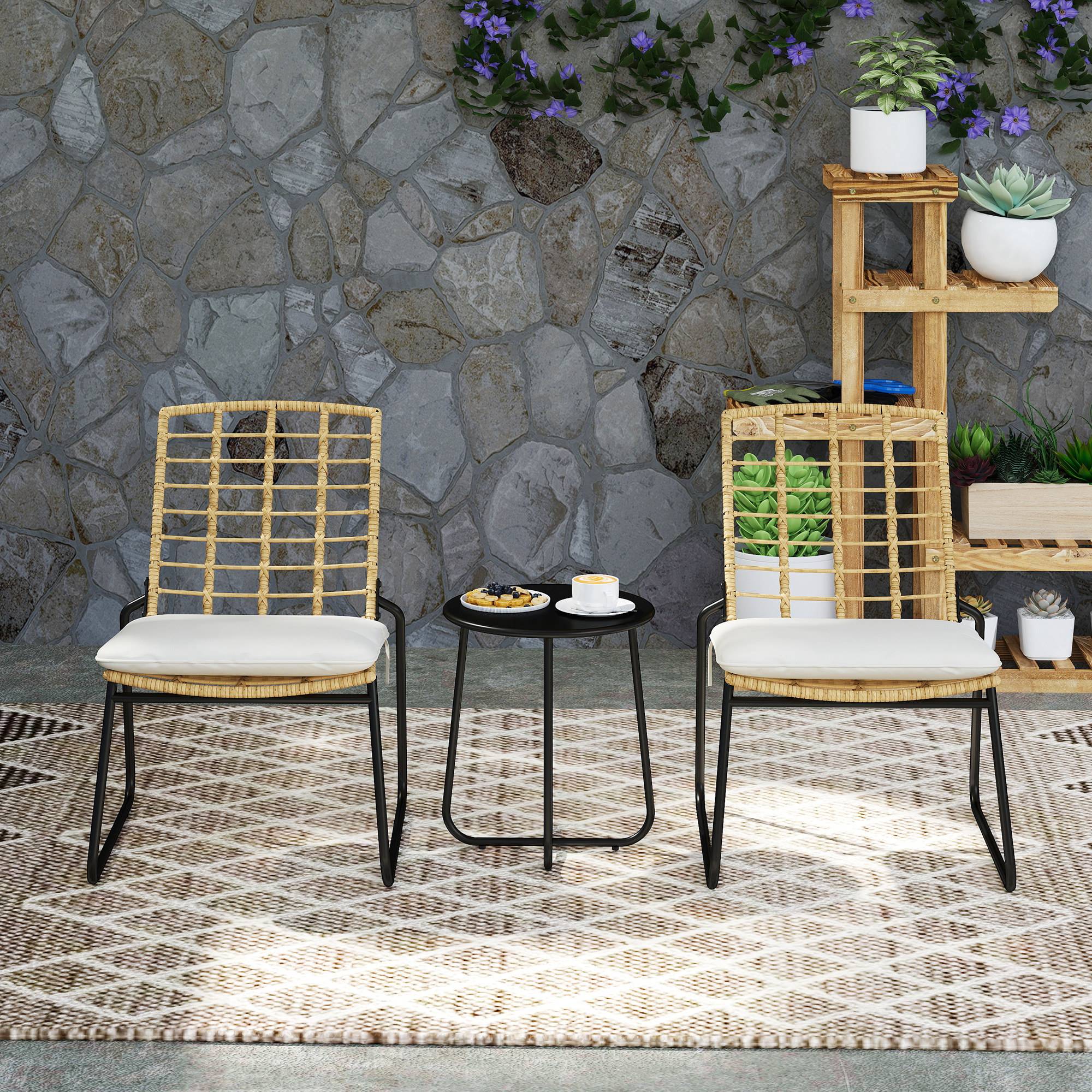 Sans Marque - Ensemble mobilier jardin 3 pièces 2 chaises rotin 1 table métal coussins bistro beige marron - Image 4