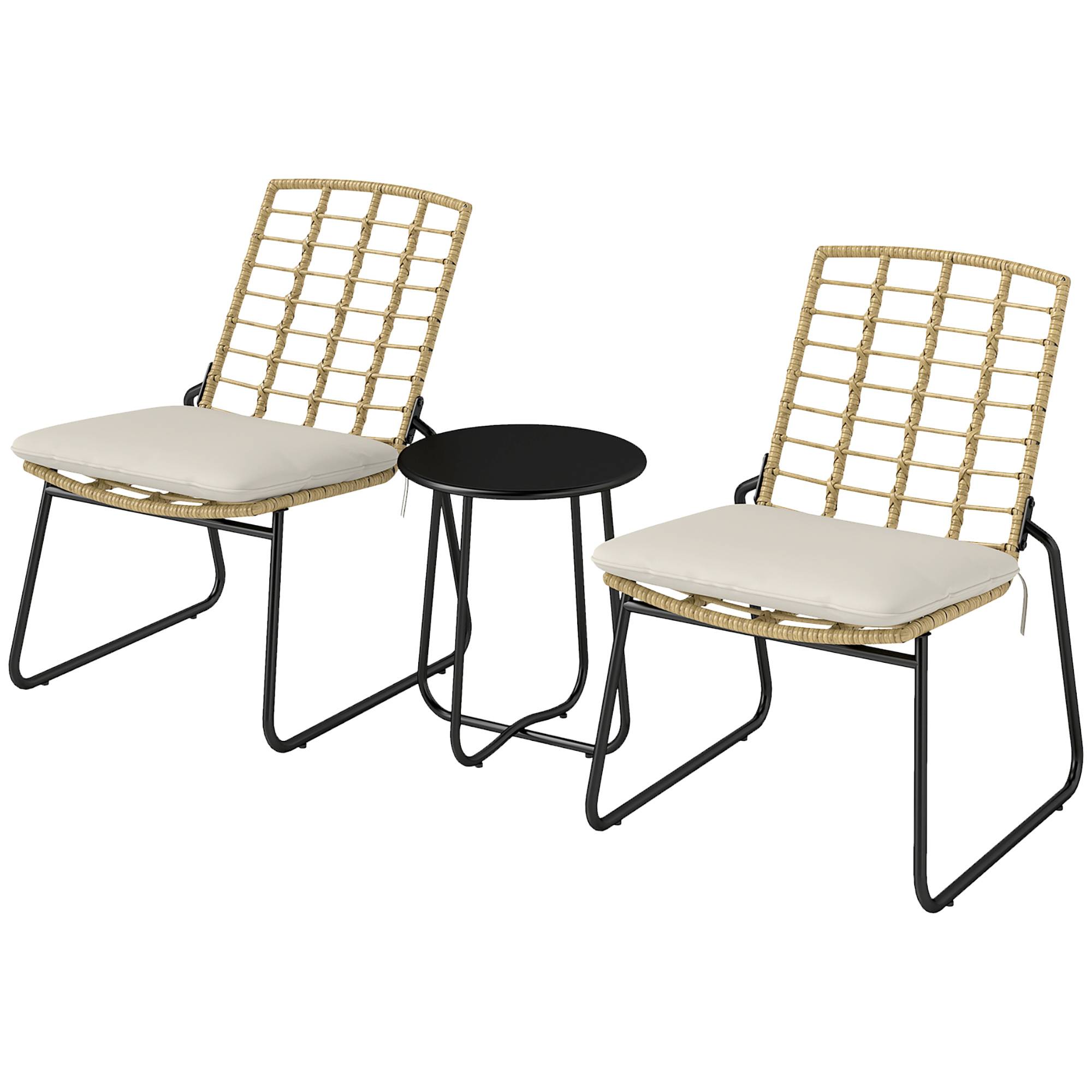 Sans Marque - Ensemble mobilier jardin 3 pièces 2 chaises rotin 1 table métal coussins bistro beige marron - Image 2