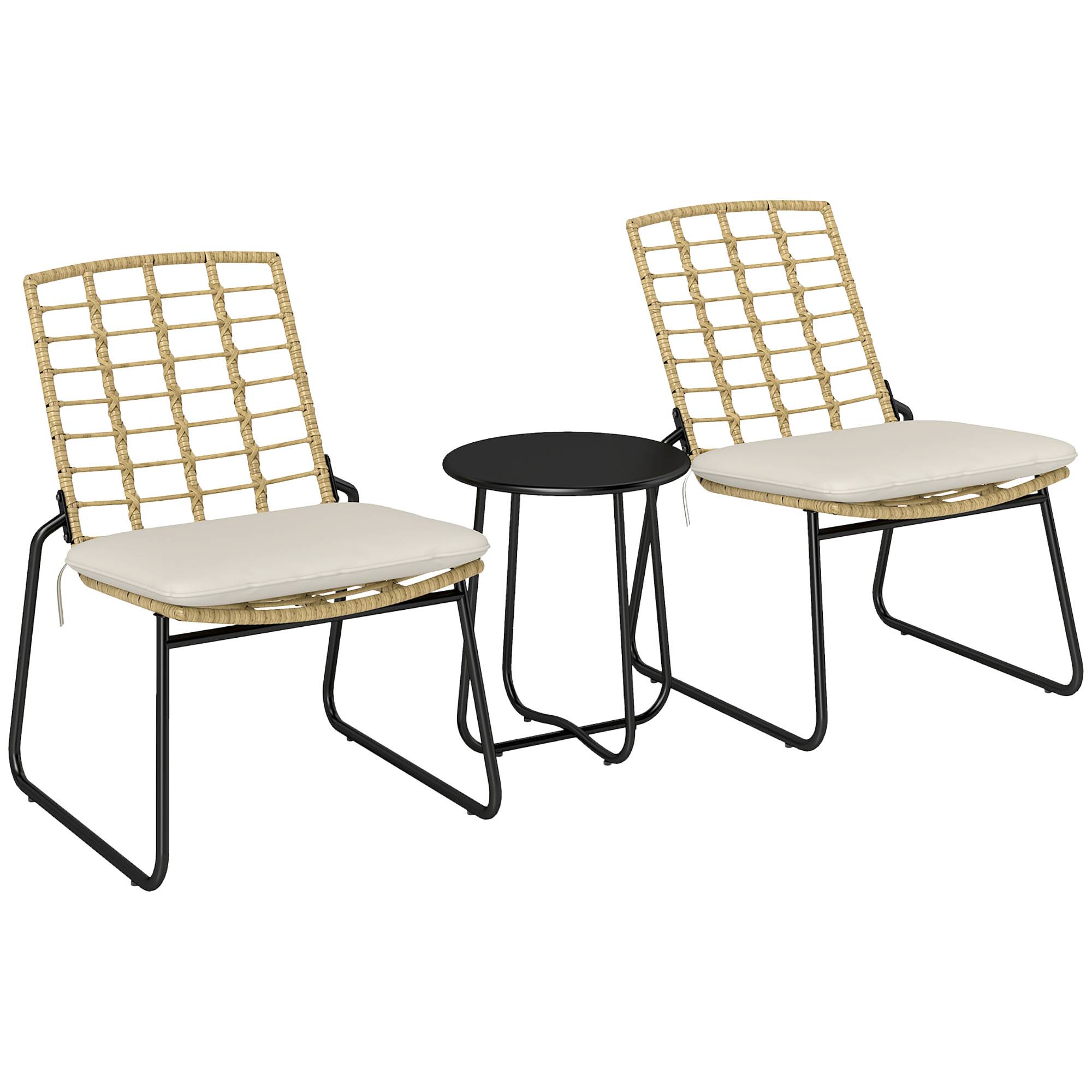 Sans Marque - Ensemble mobilier jardin 3 pièces 2 chaises rotin 1 table métal coussins bistro beige marron - Image 1