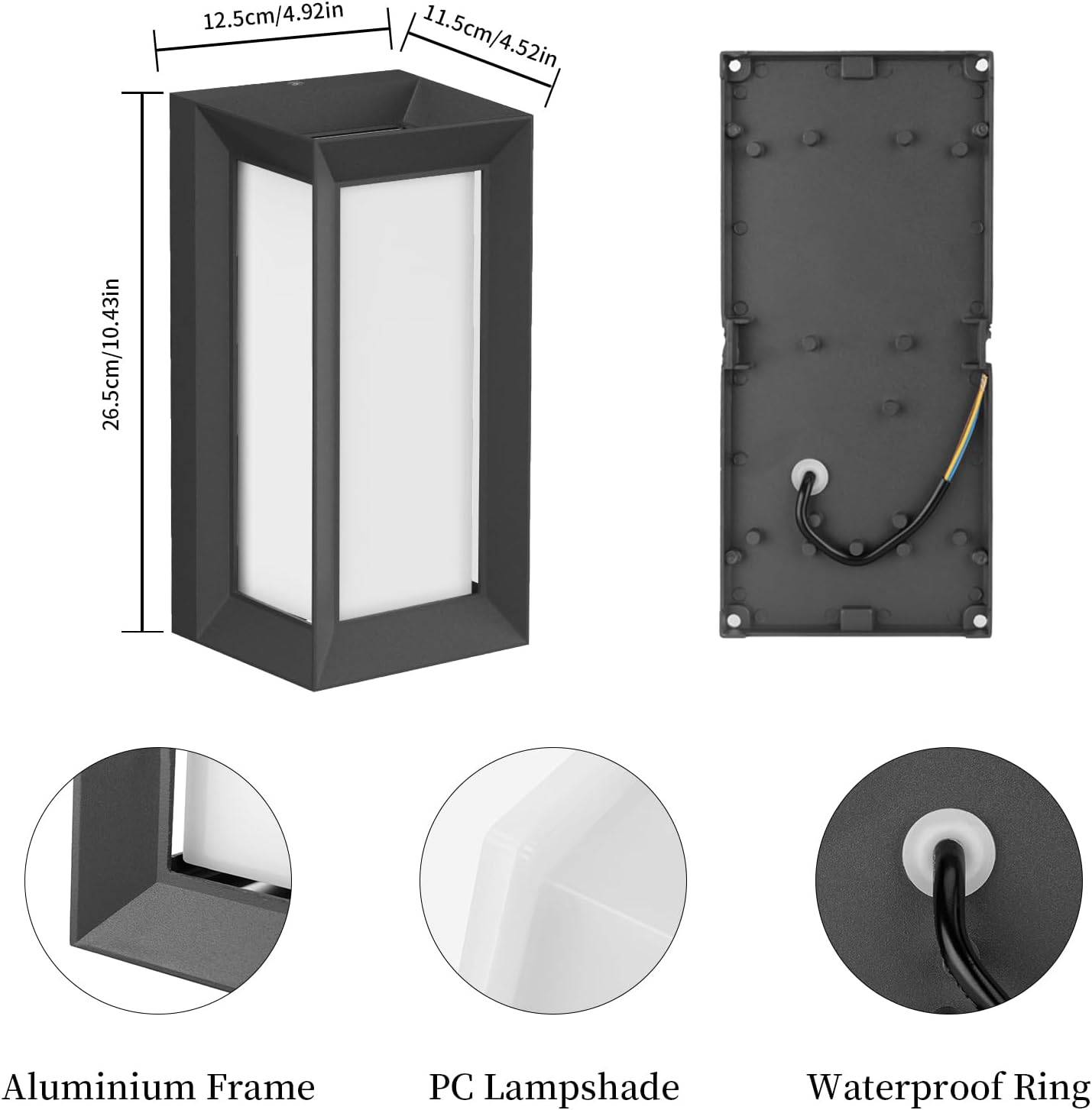 8 in 1 - Applique murale extérieure/intérieure E27, 60 W max., étanche IP65, en aluminium PC, pour balcon ou entrée, couleur noire. Ampoule non incluse. - Image 4