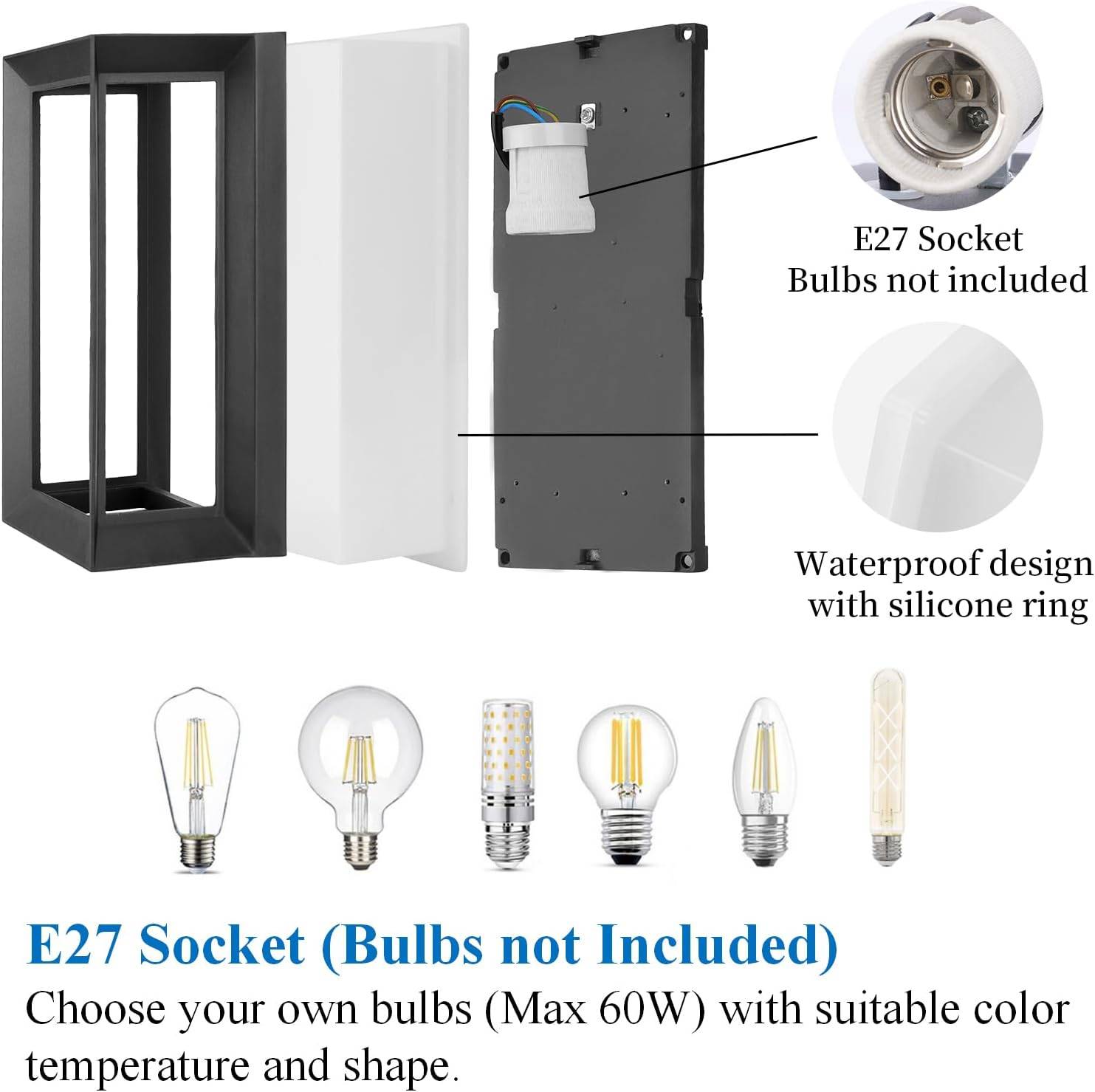 8 in 1 - Applique murale extérieure/intérieure E27, 60 W max., étanche IP65, en aluminium PC, pour balcon ou entrée, couleur noire. Ampoule non incluse. - Image 2