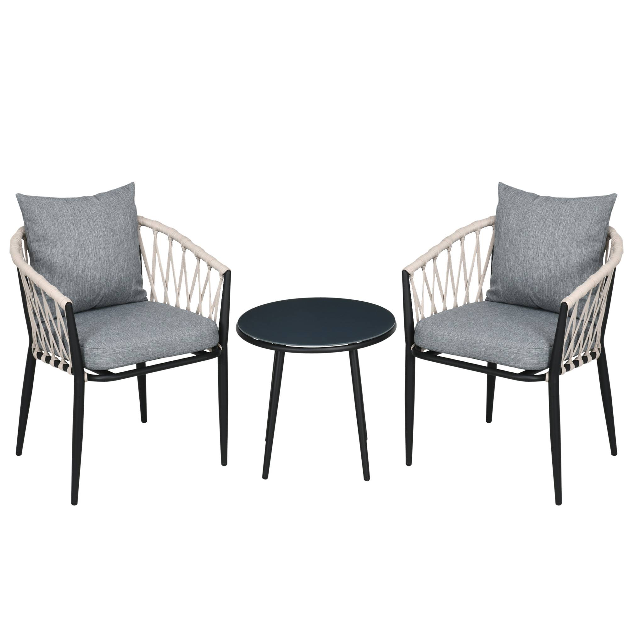 Outsunny - Salon de jardin 2 personnes 3 pièces 2 fauteuils avec coussins table basse ronde plateau verre trempé corde tressée métal gris - Outsunny - Image 1
