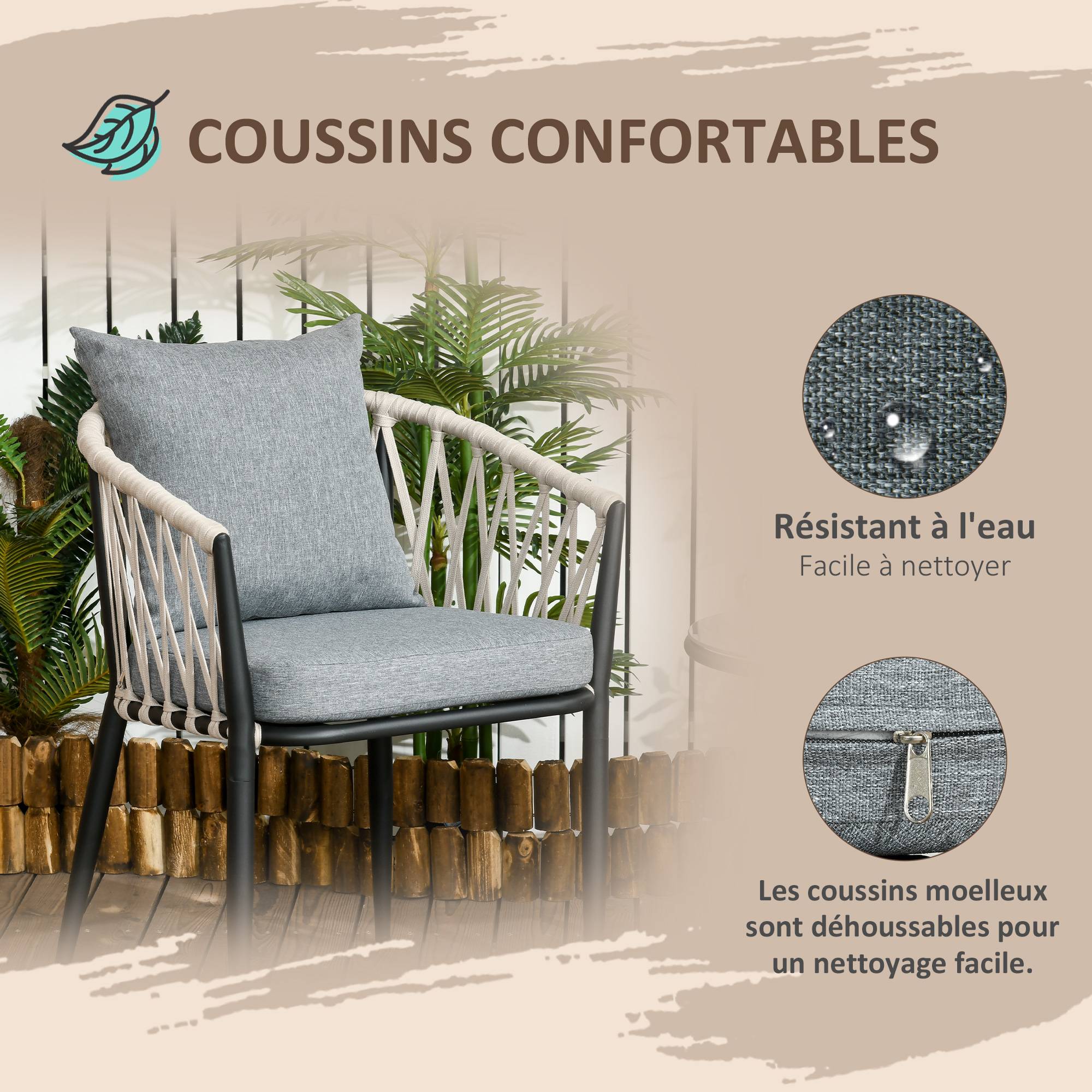 Outsunny - Salon de jardin 2 personnes 3 pièces 2 fauteuils avec coussins table basse ronde plateau verre trempé corde tressée métal gris - Outsunny - Image 7