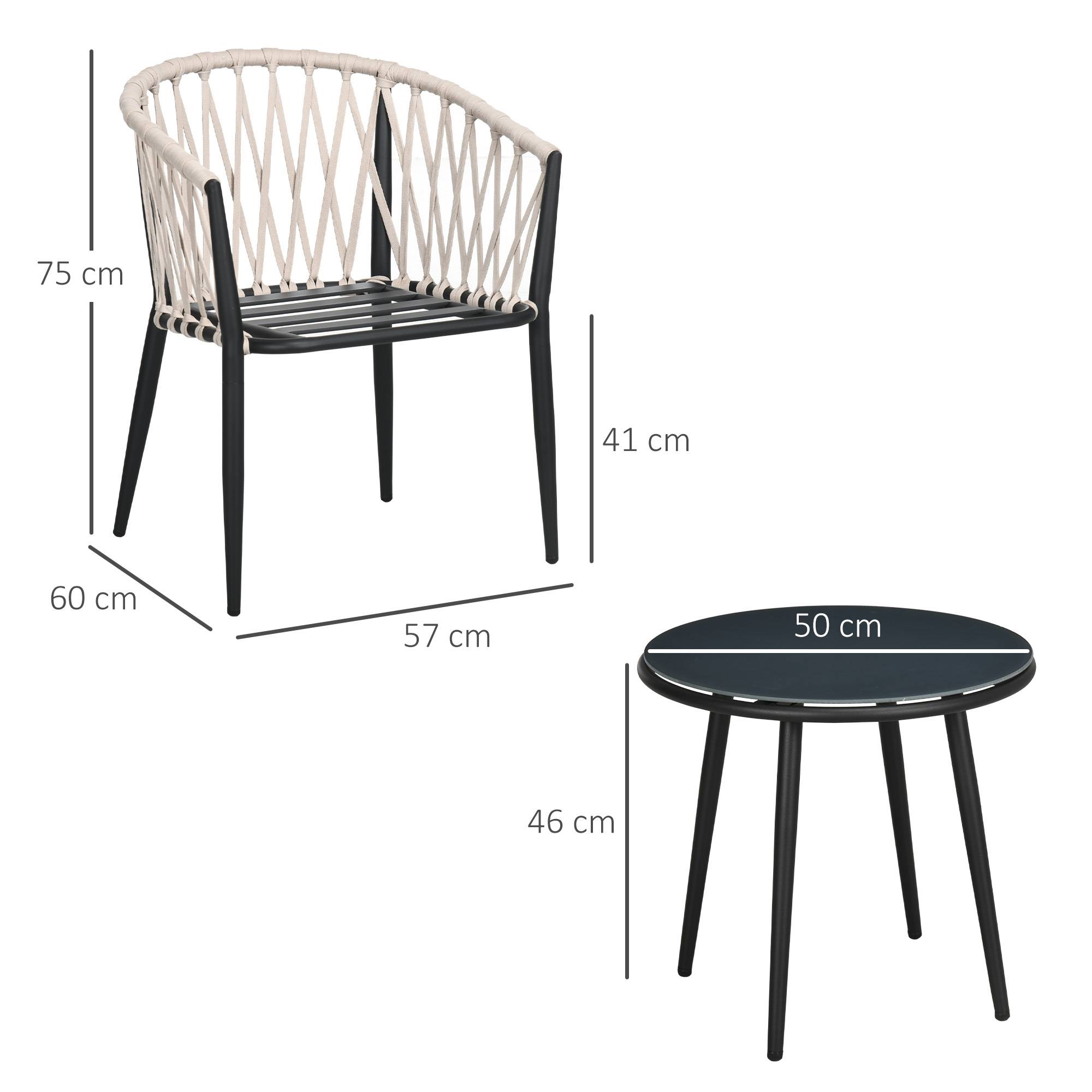 Outsunny - Salon de jardin 2 personnes 3 pièces 2 fauteuils avec coussins table basse ronde plateau verre trempé corde tressée métal gris - Outsunny - Image 3