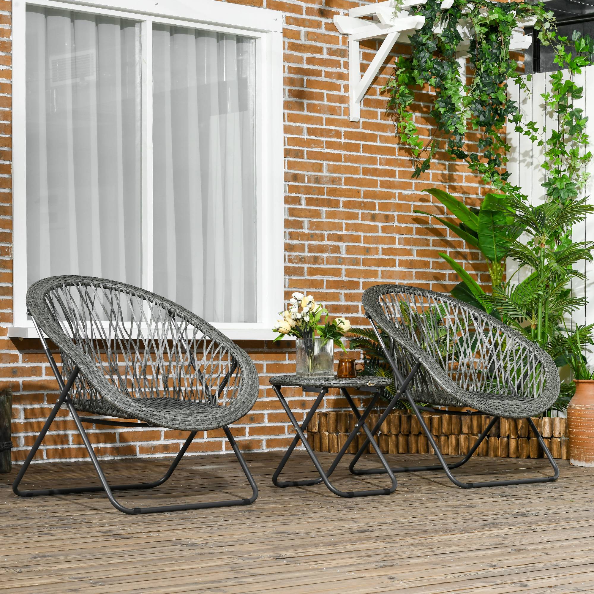 Salon de jardin 3 pièces avec table Acier, Rattan, Gris - PANGIVO - Image 2