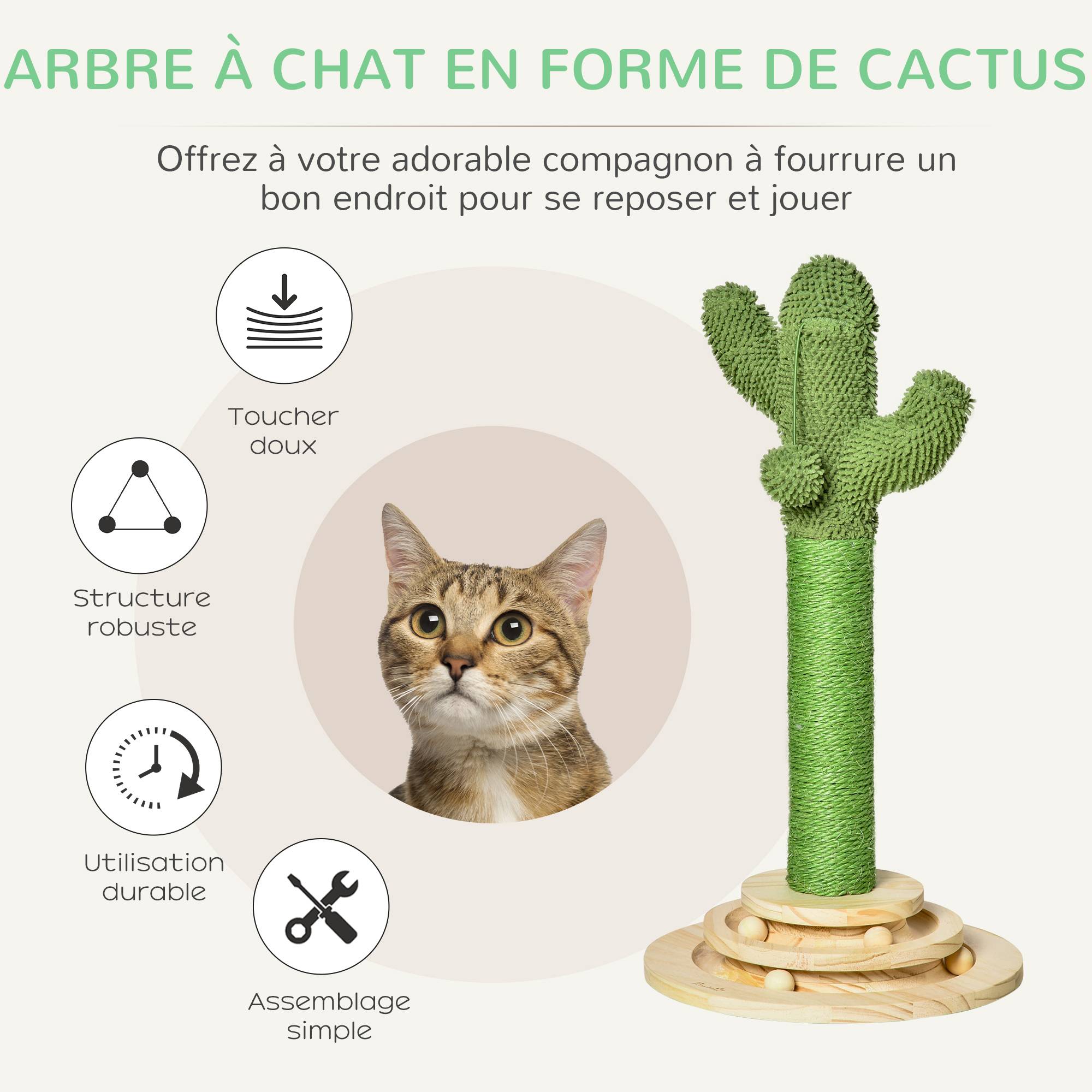 Arbre à chat griffoir cactus sisal naturel plateforme jeu peluche douce 32x60cm vert - ComfortXL Outdoor Living - Image 6