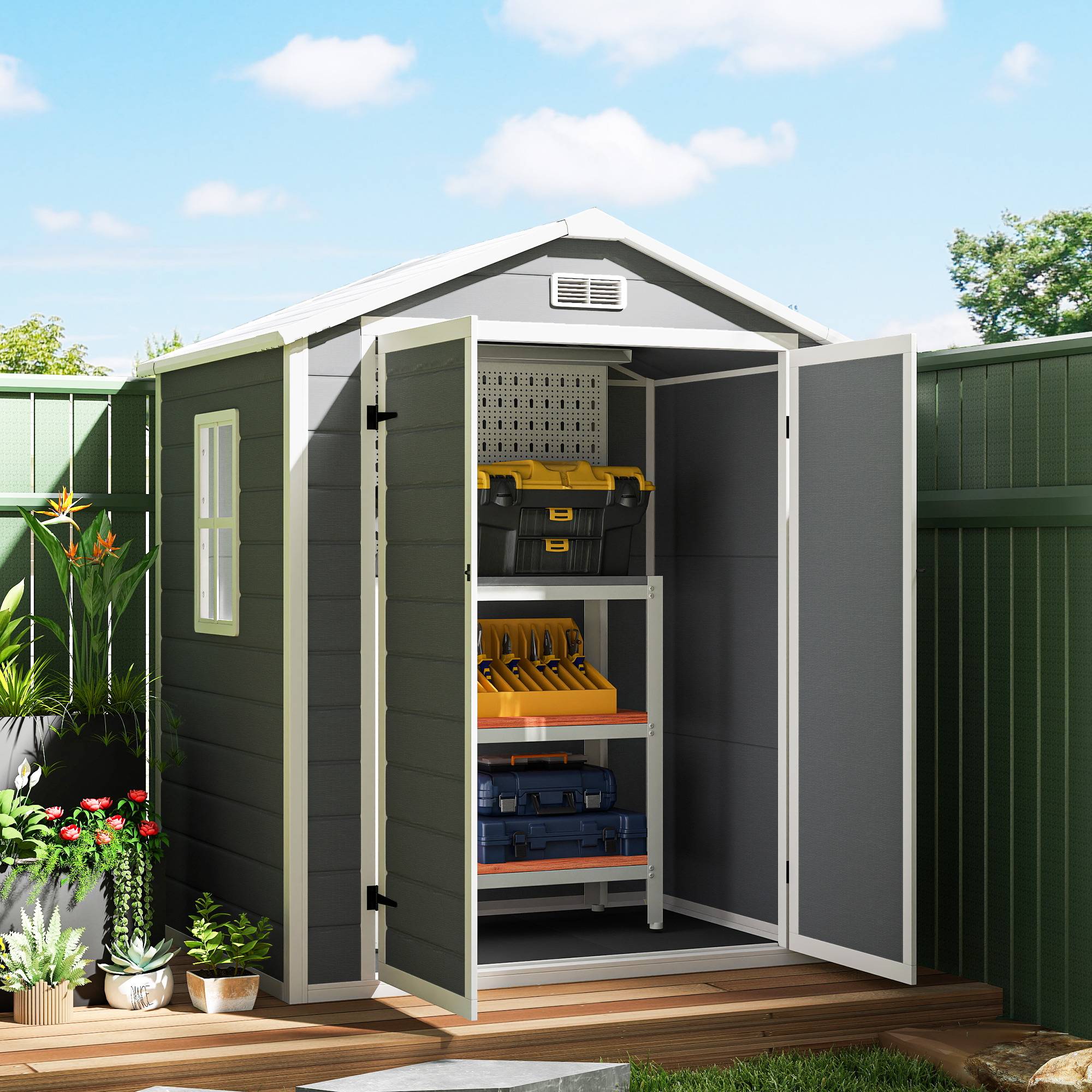 Abri de jardin aluminium verrouillable double porte fenêtre 1,80x1,30x2,10 m gris, rangement sécurisé - Image 4