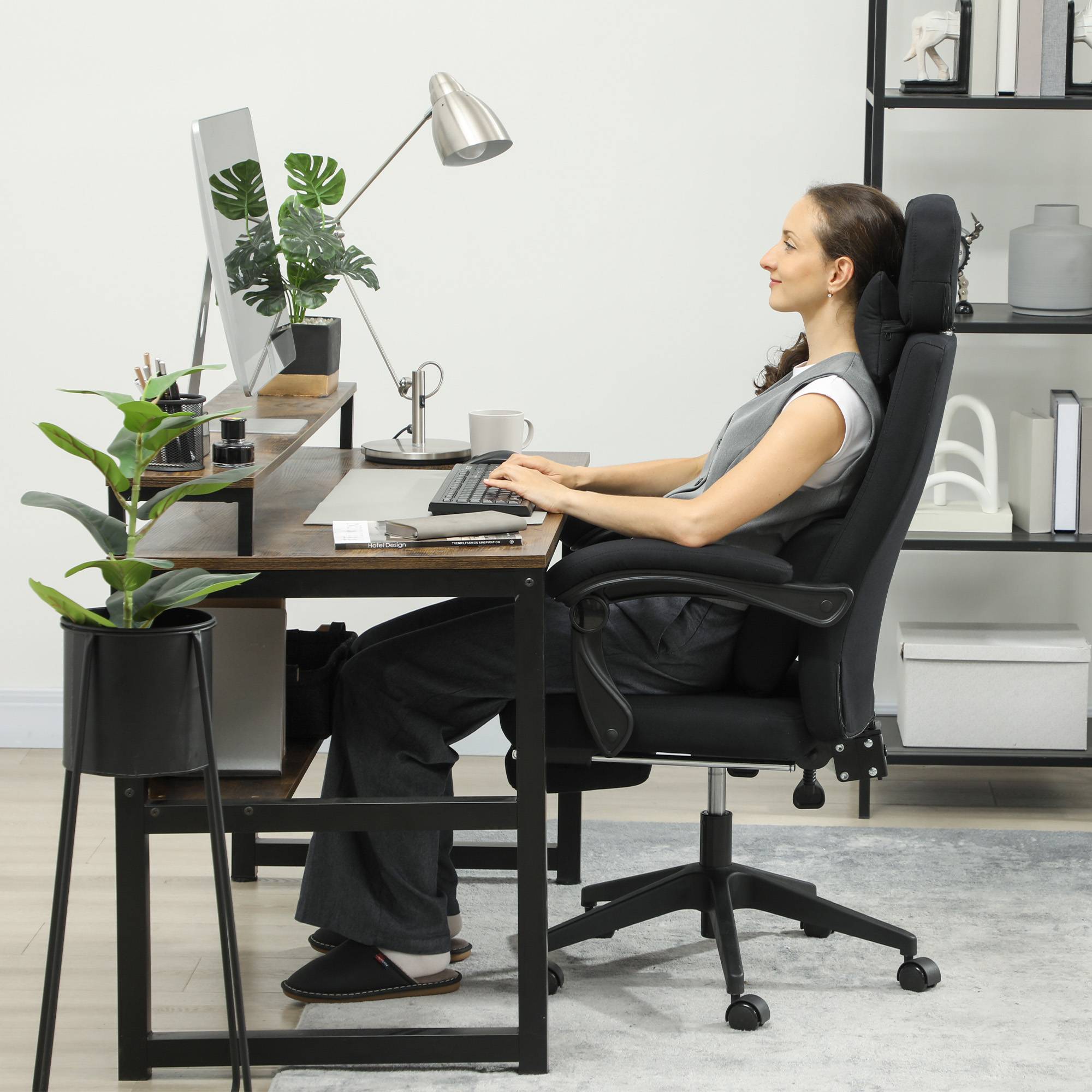 Sans Marque - Fauteuil de bureau chaise de bureau grand confort dossier réglable repose-pied roulettes 360° lin 62 x 68 x 127 cm noir - Image 10