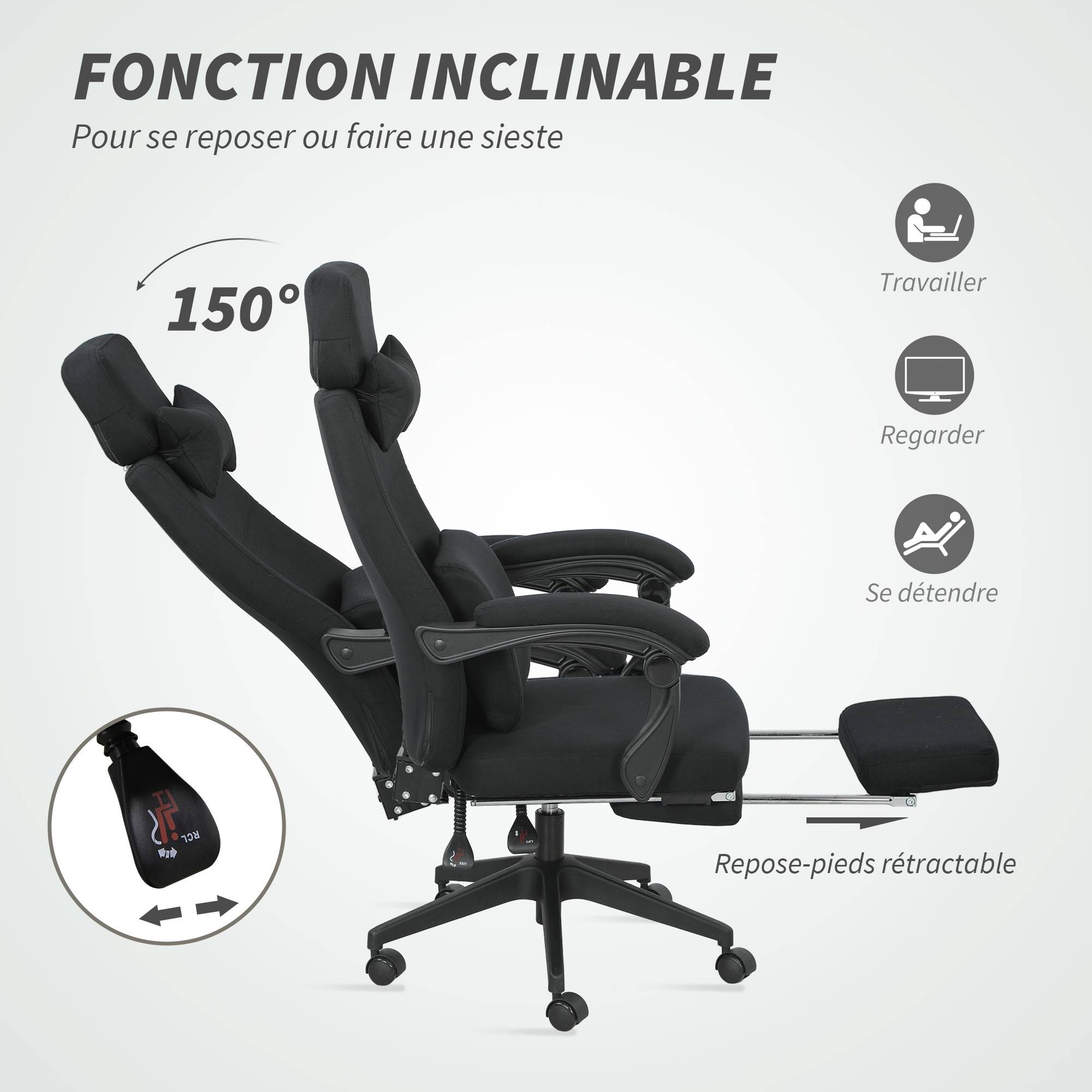 Sans Marque - Fauteuil de bureau chaise de bureau grand confort dossier réglable repose-pied roulettes 360° lin 62 x 68 x 127 cm noir - Image 7