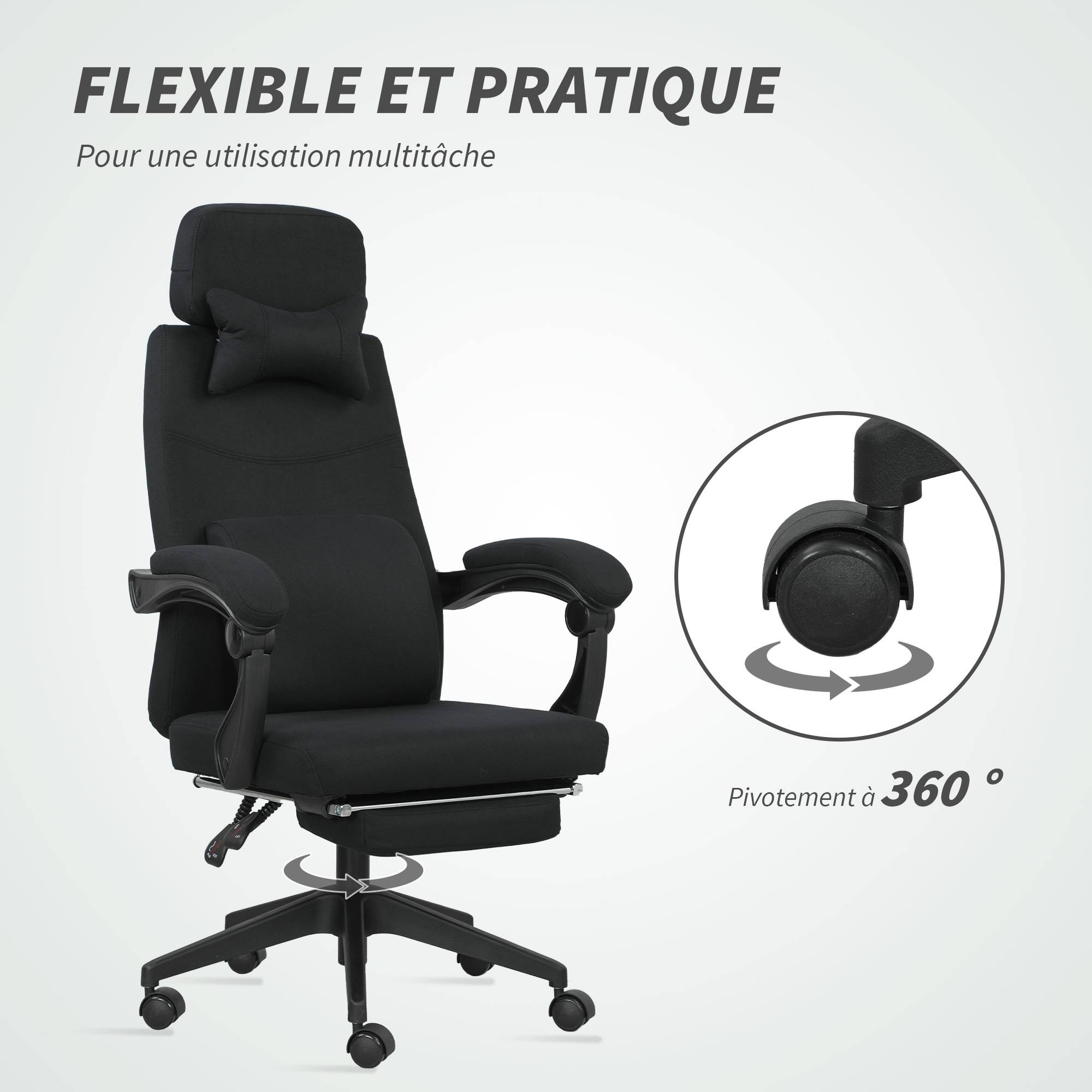 Sans Marque - Fauteuil de bureau chaise de bureau grand confort dossier réglable repose-pied roulettes 360° lin 62 x 68 x 127 cm noir - Image 9