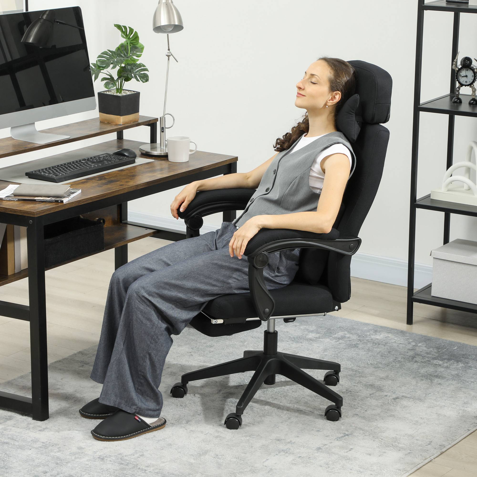 Sans Marque - Fauteuil de bureau chaise de bureau grand confort dossier réglable repose-pied roulettes 360° lin 62 x 68 x 127 cm noir - Image 3