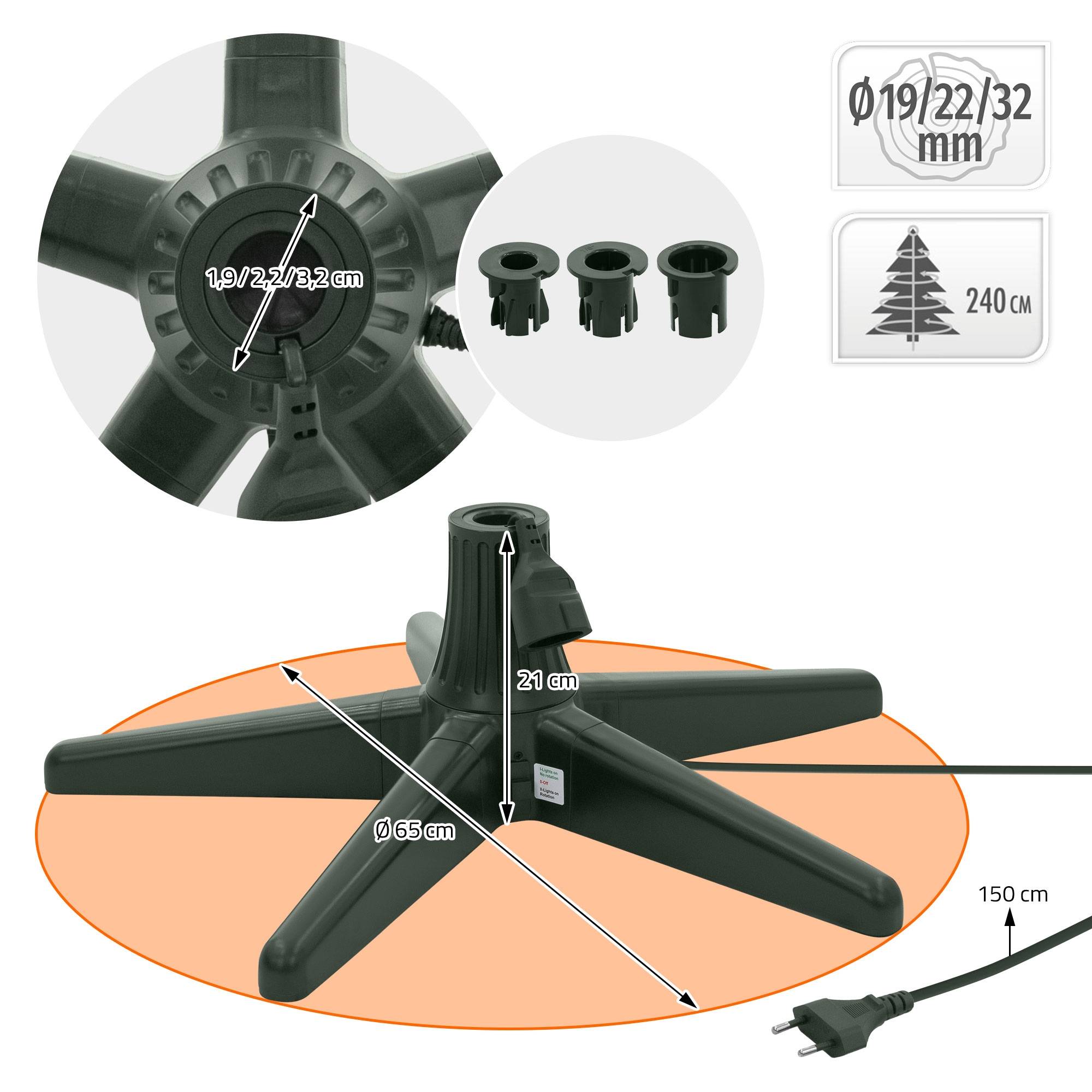 Ecd-Germany - Support de sapin de Noël électrique rotatif 360°, pied réglable et stable, base tournante pour arbre artificiel jusqu'à 2,4 m et 35 kg, 3 adaptateurs - Image 6