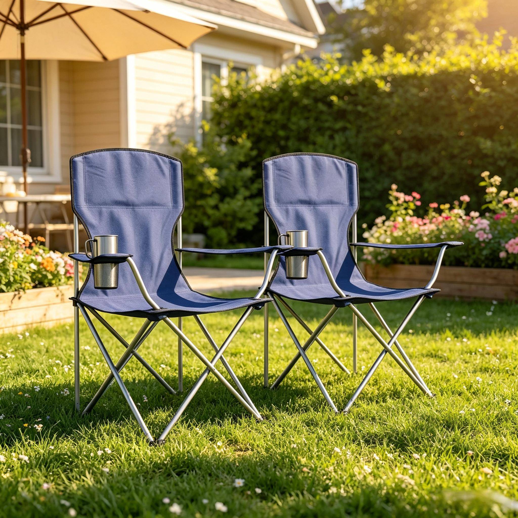 ComfortXL - Lot de 2 chaises camping pliantes métal bleu marine gris argent porte-gobelet haut dossier - ComfortXL Outdoor Living - Image 2