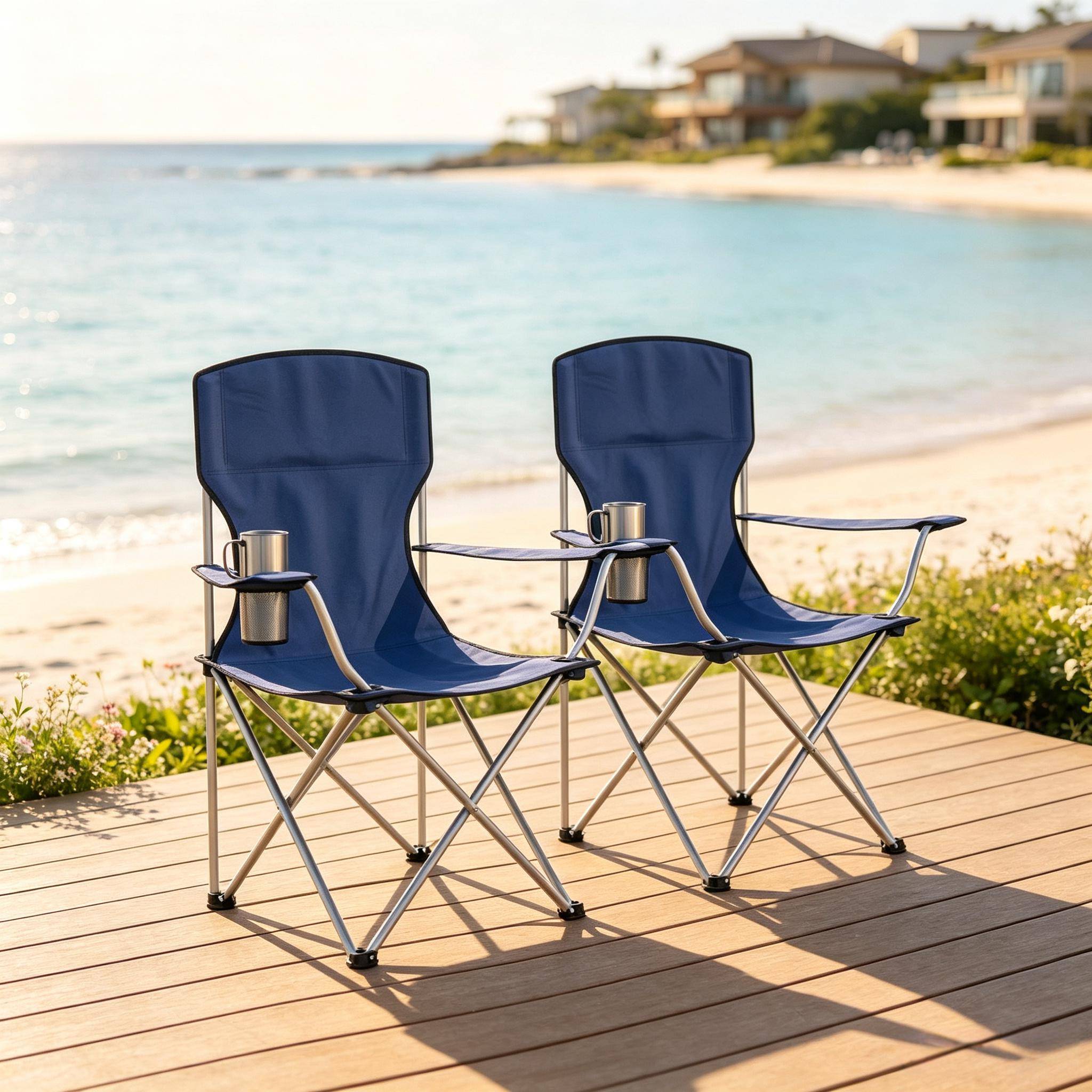 ComfortXL - Lot de 2 chaises camping pliantes métal bleu marine gris argent porte-gobelet haut dossier - ComfortXL Outdoor Living - Image 1