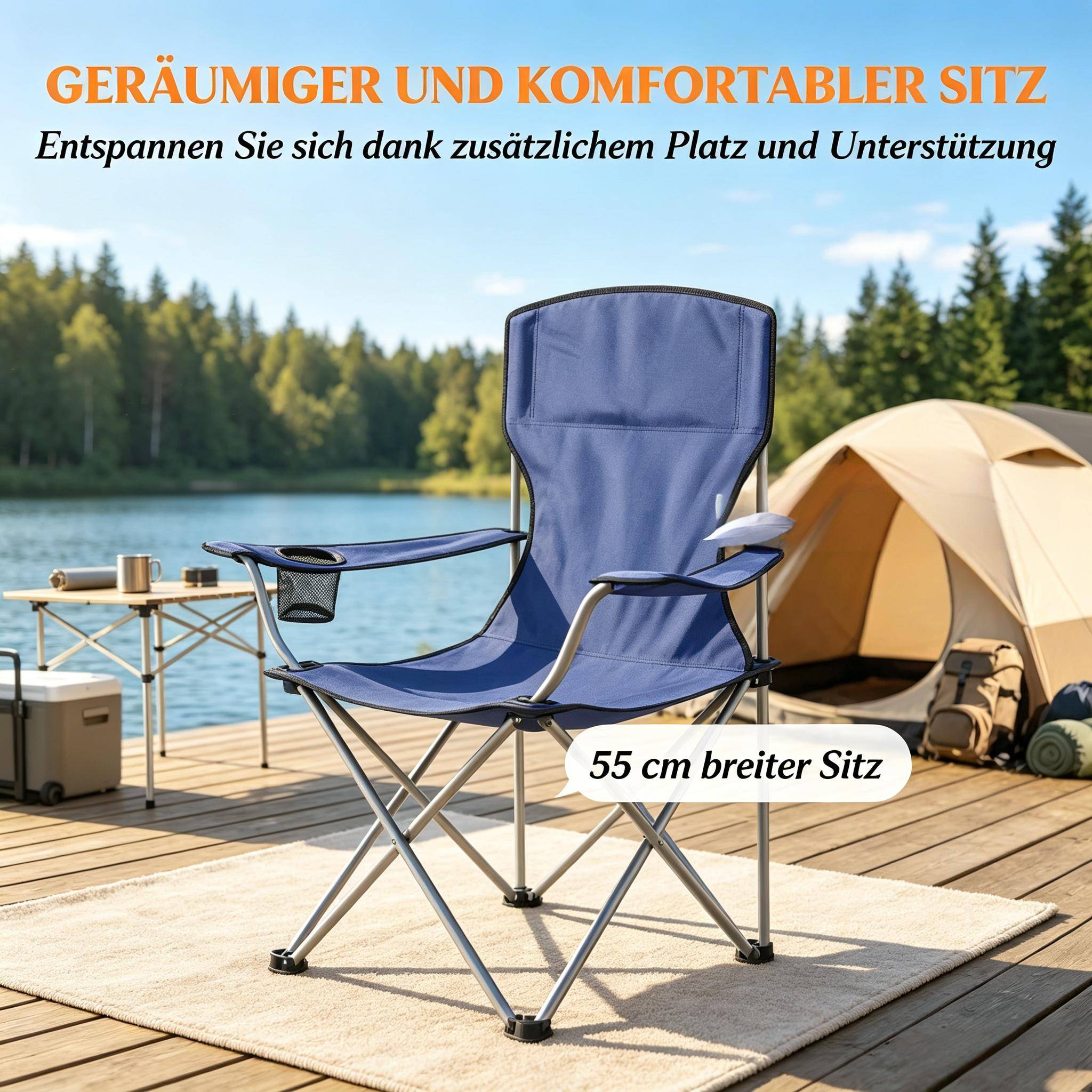 ComfortXL - Lot de 2 chaises camping pliantes métal bleu marine gris argent porte-gobelet haut dossier - ComfortXL Outdoor Living - Image 3